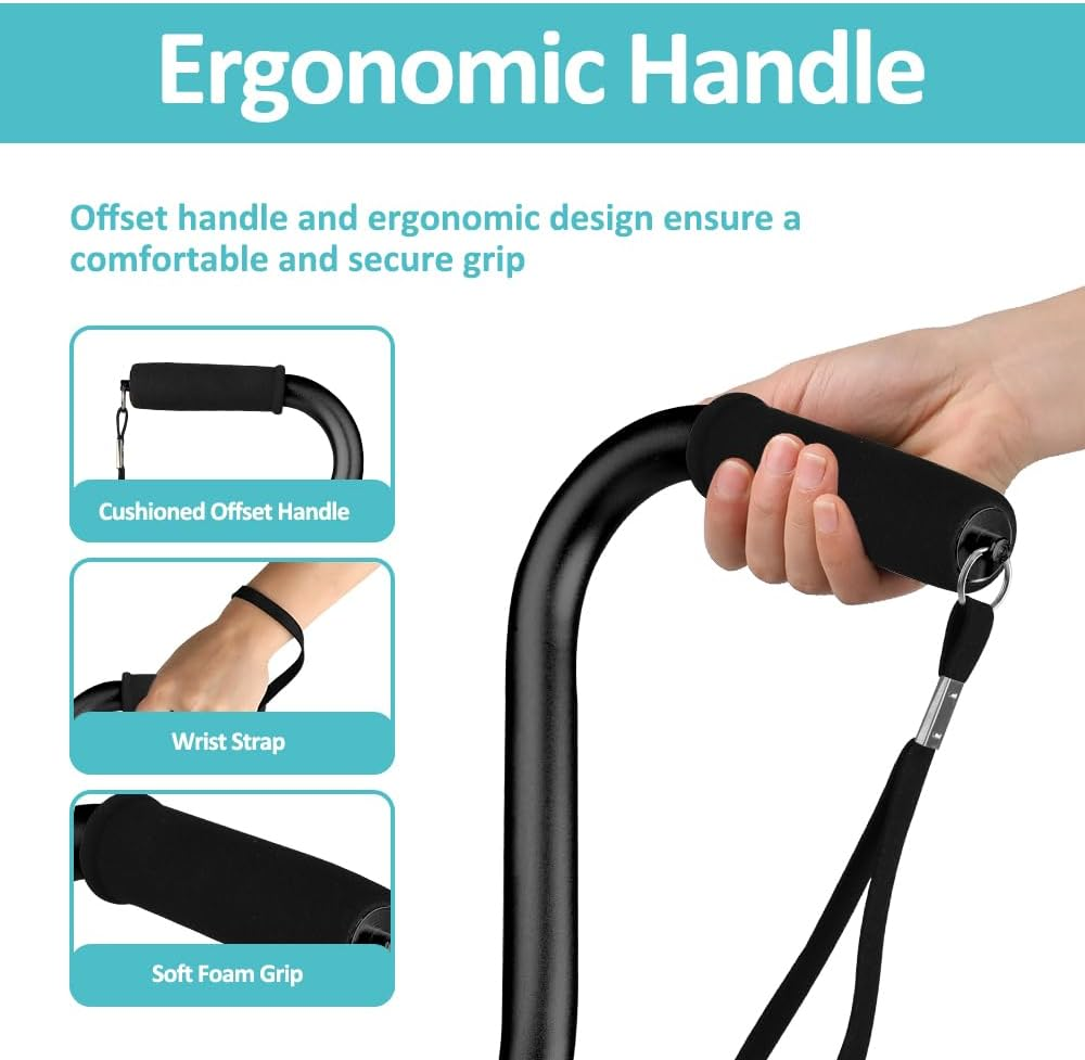 Quad Walking Stick, Adjustable Walking Cane with Offset Soft Cushioned Handle for Men & Women, Lightweight Comfortable with 4-Pronged Foot for Extra Stability