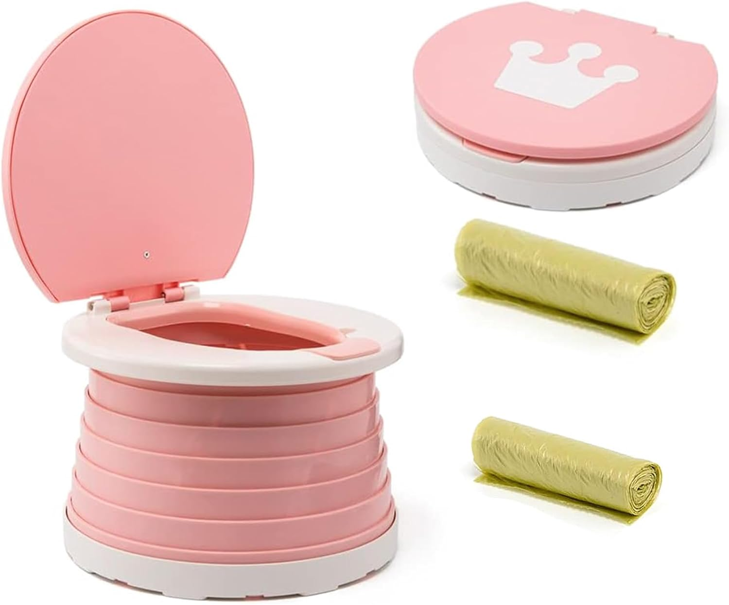 Portable Potty Seat for Kids Toddler,Foldable Travel Potty Training Seat with 2 Rolls Cleaning Bags, Travel Toilet Seat for Car, Camping, Outdoor, Indoor (Pink)