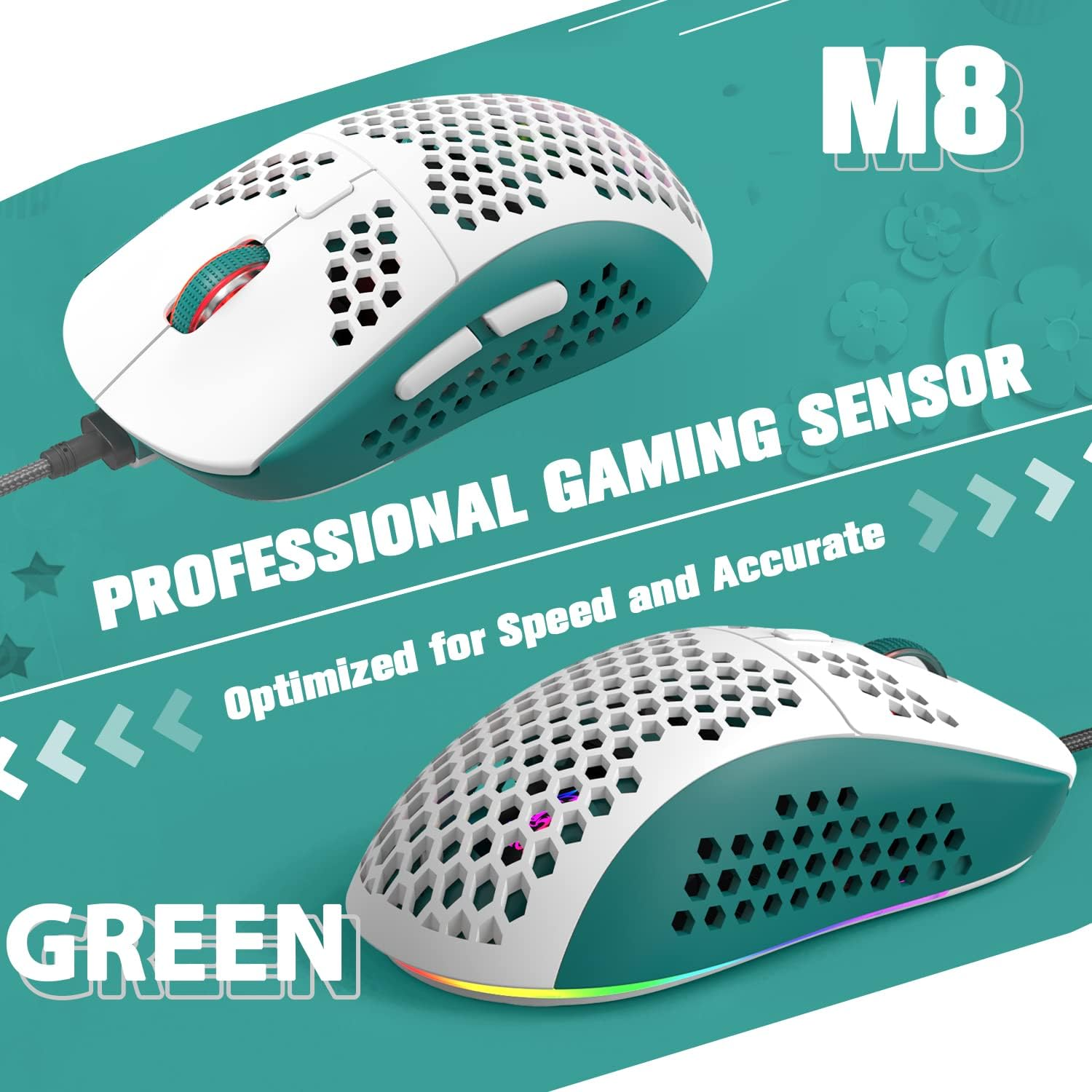 KUIYN 383 PRO Ultralight Wired Gaming Mouse, Lightweight Honeycomb Shell, 6 RGB Breathable Backlight, 6 Adjustable DPI 6400, USB Optical Model Win10/Xp/Xbox/Ps4/Ps5/Mac/Hp/Acer (White-Green) - A-(Pink) image number 2