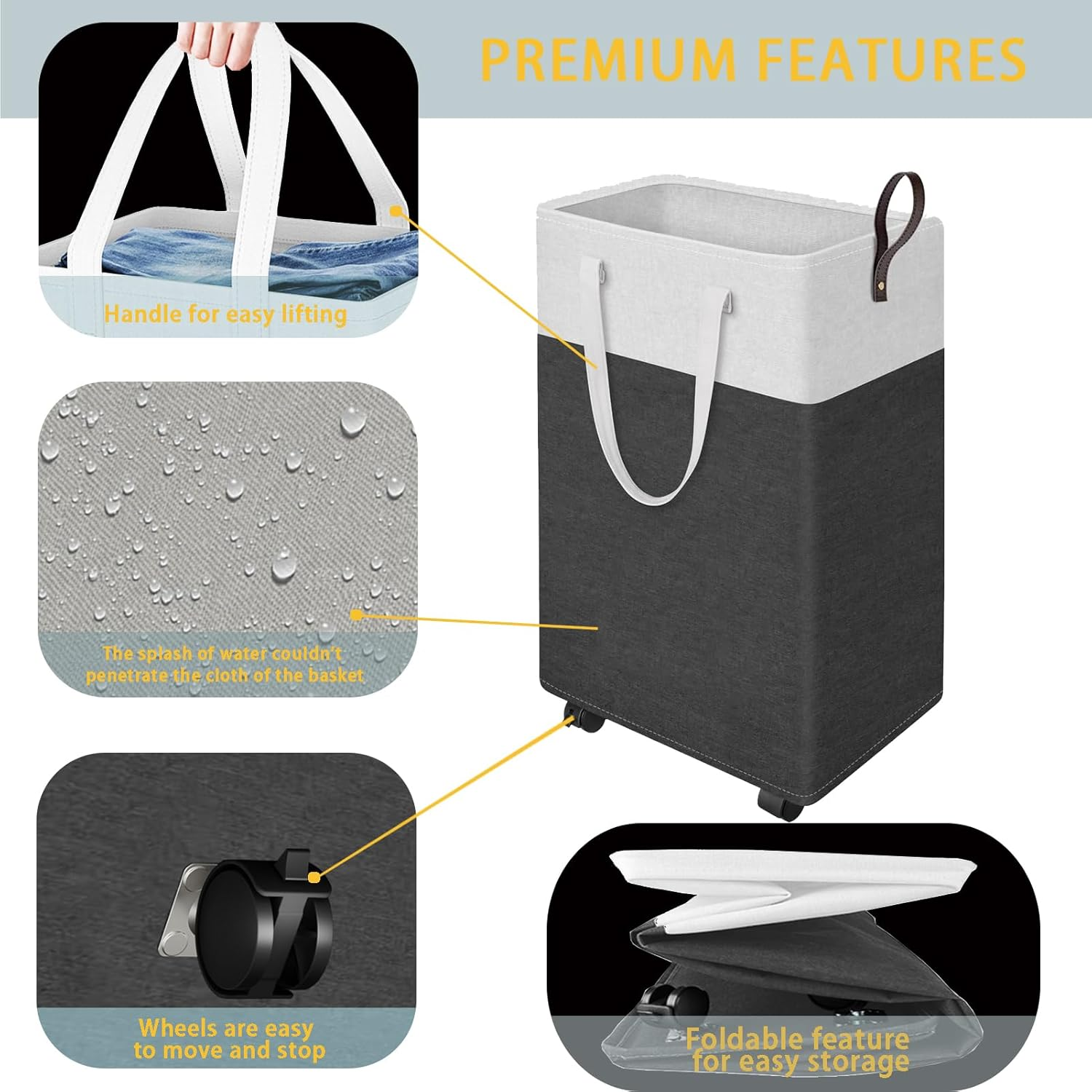 Laundry Basket,Laundry Hamper with Wheels,Collapsible Dirty Clothes Hamper with 3 Mesh Bags for Bathroom,Dorm,Bedroom,Grey,90L image number 2