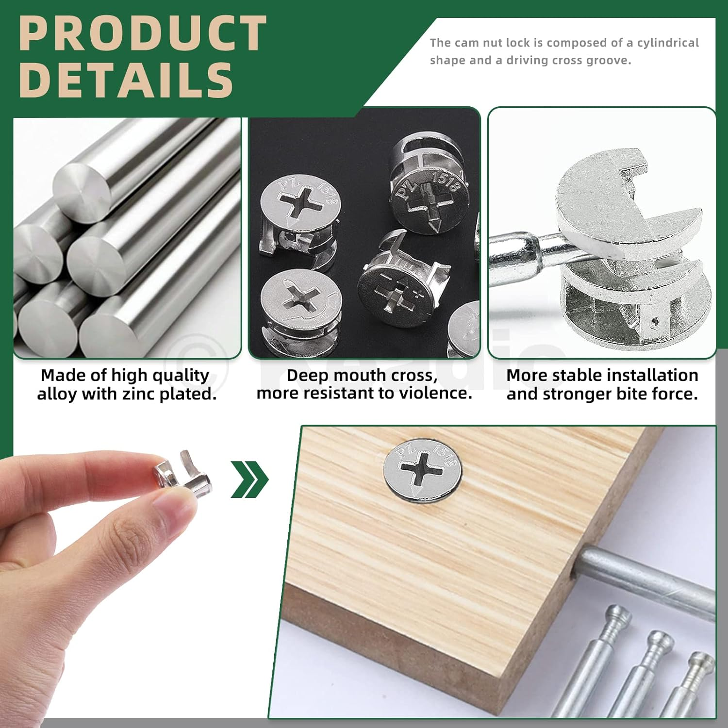 Keadic 100 Pcs 4 Sizes Furniture Connecting Cam Lock Fittings Assortment Kit, Heavy Duty Joint Connector Nut Cabinet Connectors Hardware Bolts for Wardrobe Drawer Closets Bed image number 4