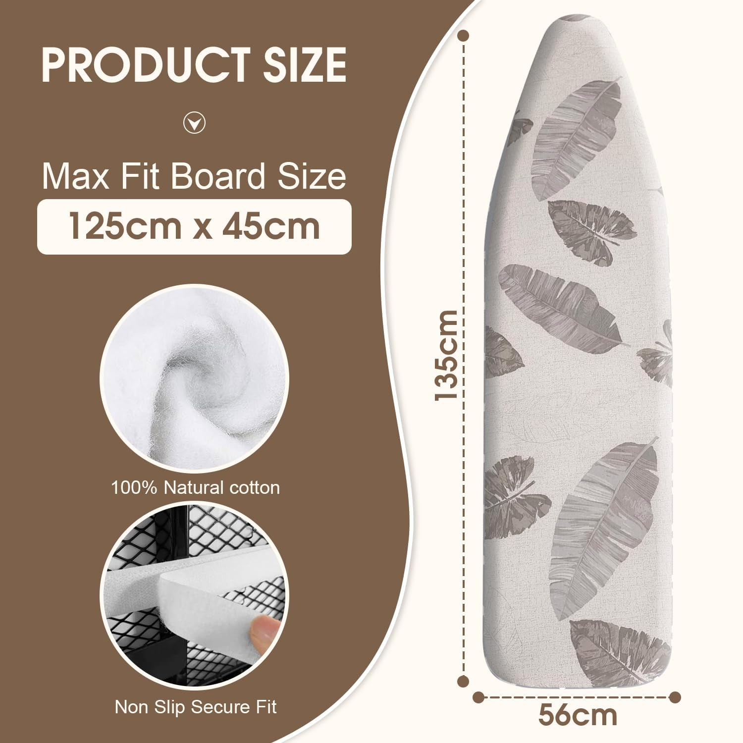 Sonicefit Ironing Board Cover Pad, 56X135Cm Standard Ironing Board Pads with Elastic Edge & Fastener Strape, Scorch & Stain Resistant Cotton Ironing Covers with Thick Padding (Grey Leaves, 56X135Cm) - Grey image number 4