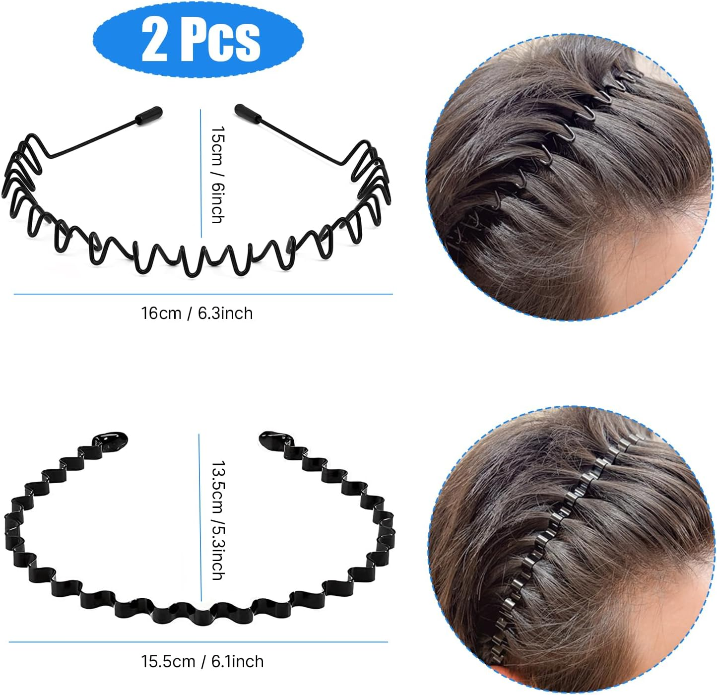 Qiifaiikooii 2 Pack Metal Hair Band for Men,Non Slip,Spring Wave Head Bands for Sports Washing Face Unisex(Black) image number 1