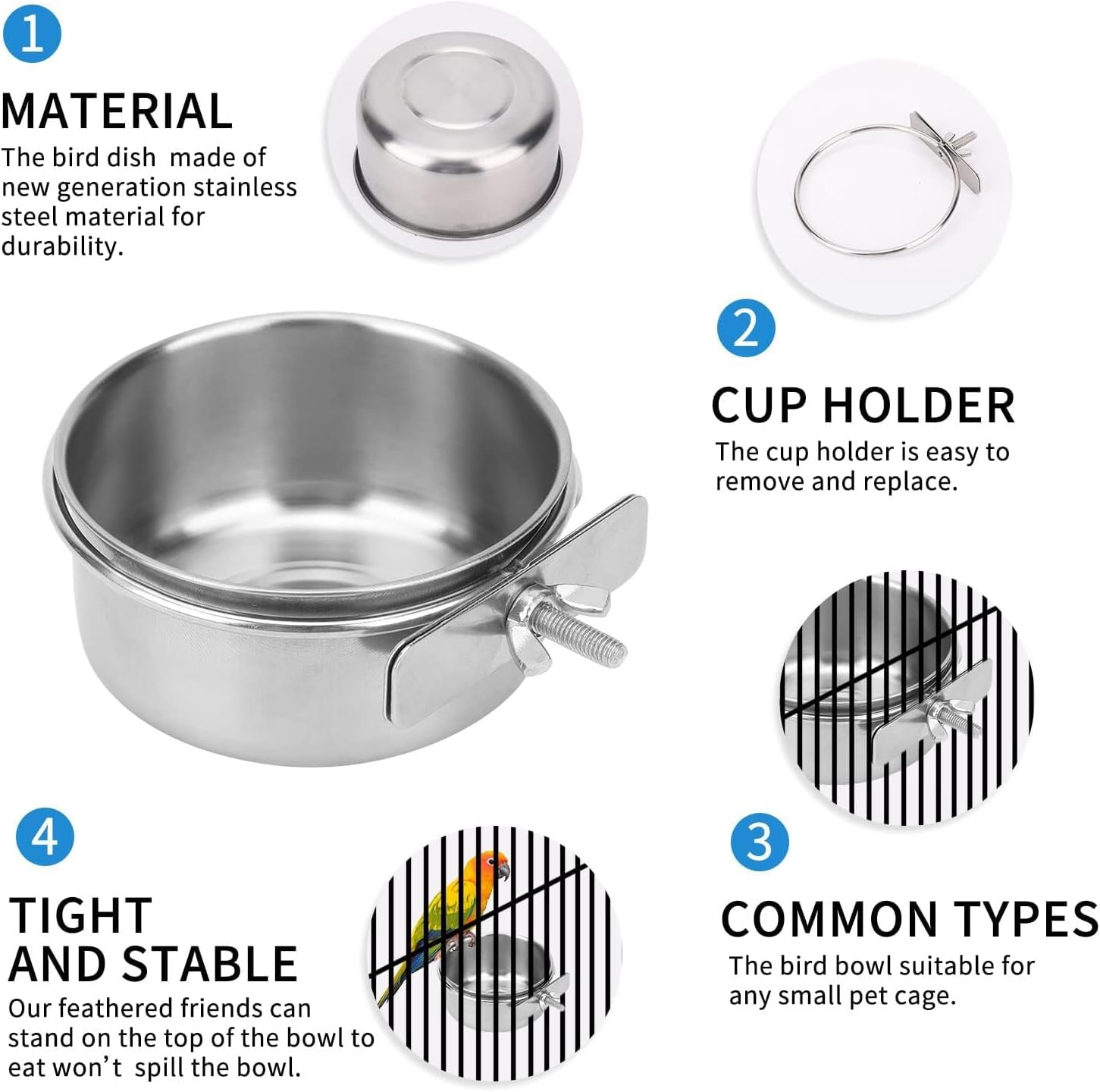 2Pcs Stainless Bird Feeding Bowls,Parrot Feeding Cup,Chinchilla Foods Water Bowl,Birds Cage Feeders and Waterers Parrot Food Bowls Clamp Holder Cup