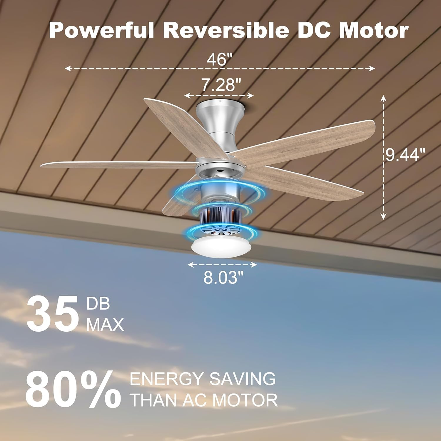Ohniyou 46 Inch Ceiling Fan with Lights, Low Profile Ceiling Fans Remote/App Control - Dimmable, Silent DC Motor, Indoor Ceiling Fan for Bedroom Kitchen (Silver) image number 5