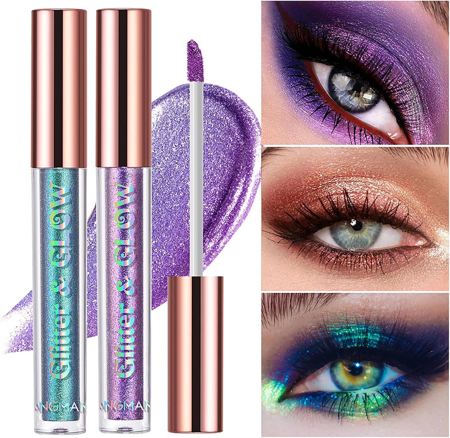 Roseflower 12 Pcs Liquid Glitter Eyeshadow Makeup Set, Metallic Shimmer Glitter Eyeshadow Sweatproof Makeup Set, Glitter All Highly Pigmented Blending Powder, Purple Green Series Liquid Eyeshadow image number 2