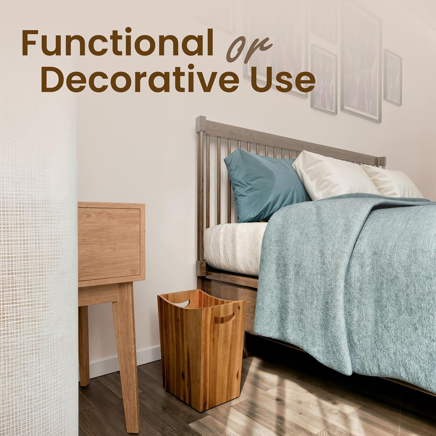 TIDITA 7.5 Litres Rectangular Wastebaskets - Acacia Wood Waste Basket with Handles - Small Trash Can for Bathroom - Brown Garbage Bin for Spa Bathroom Decorative, Kitchen under Counter image number 3