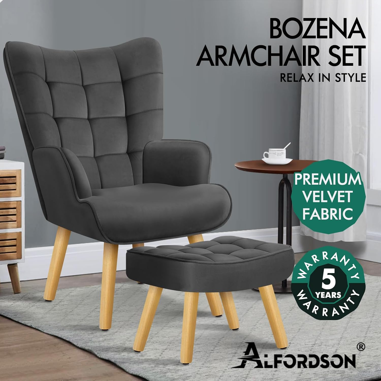 ALFORDSON Velvet Armchair Nursing Chair with Ottoman Footstool Bozena Series, Leisure Occasional Lounge Sofa Wooden Legs, Accent Chair for Reading Dressing Bedroom Living Room, 180Kg Max, Dark Grey image number 4