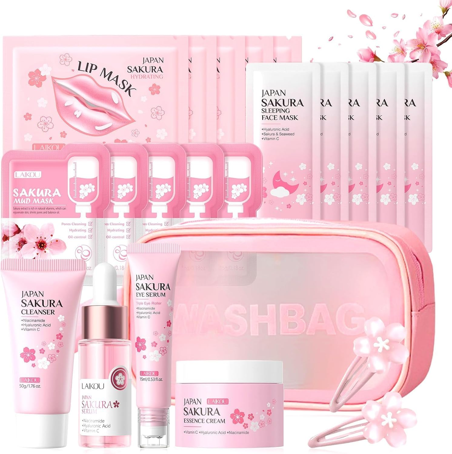 21 Piece Japan Sakura Skin Care Set for Teenagers, Sakura Face Care Set, Moisture Skincare, Anti-Ageing Face Care Set, Gift Teenager Girls, for Teenage Girls and Women