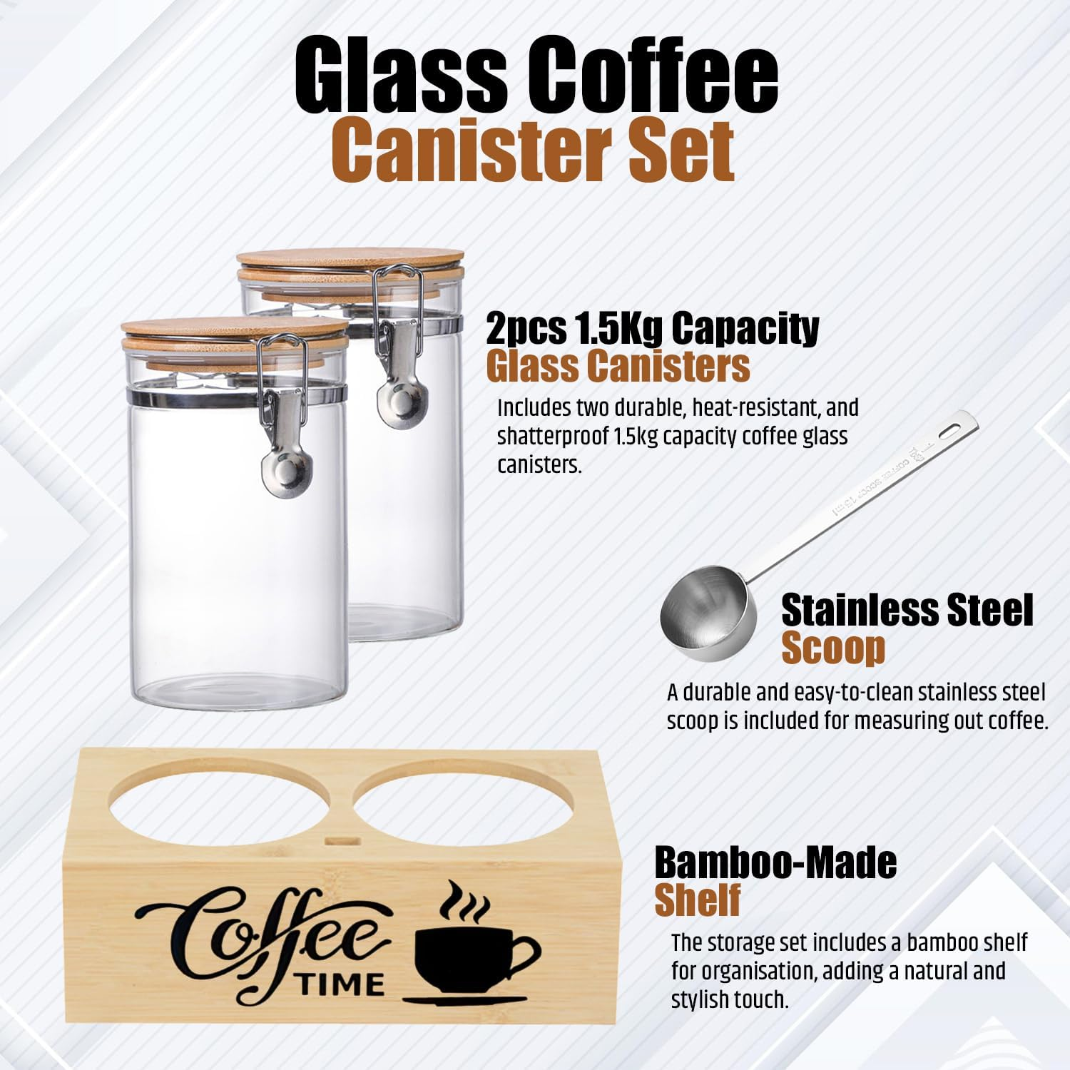 Generic Modern Elegant Coffee Canister Set - 2 X 1.5Kg Capacity, 33Cm L X 15Cm H - Glass & Bamboo, Airtight, Wire Clamp Closure - Perfect for Coffee & Dry Goods Storage image number 6