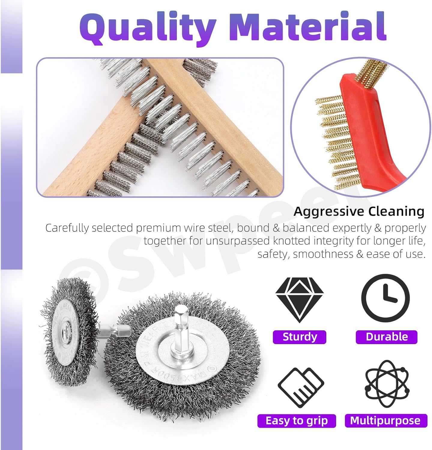 Swpeet 10Pcs Wire Brush Set, Including 5Pcs Wire Wheel Cup Brush, 3Pcs Stainless Steel/Brass/Nylon Bristles with Curved Handle Grip and 2Pcs Stainless & Carbon Steel Wire Brush for Deep Cleaning image number 5