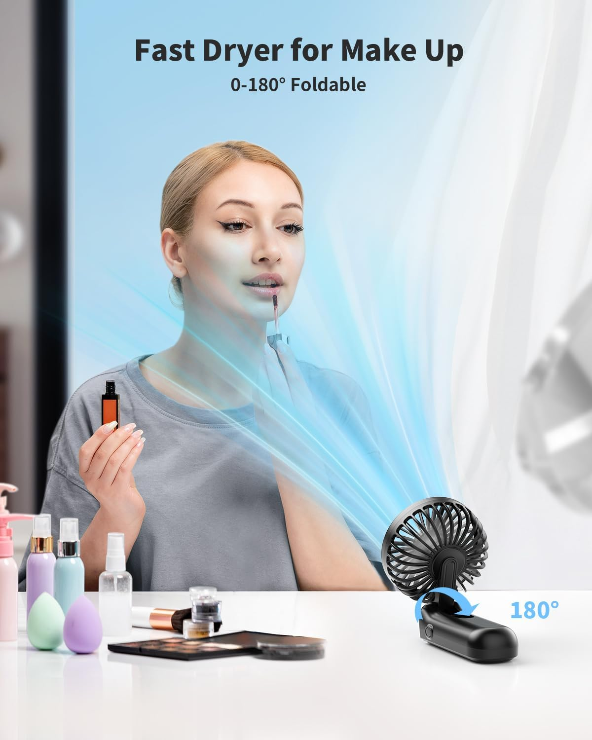 Handheld Fan, Foldable Portable Fan with LED Display, 3000Mah Battery Operated Mini Hand Held Fan, Handheld/Neck/Desk 3 in 1 Personal Small Fan for Eyelash Makeup Travel Beach Outdoor Black