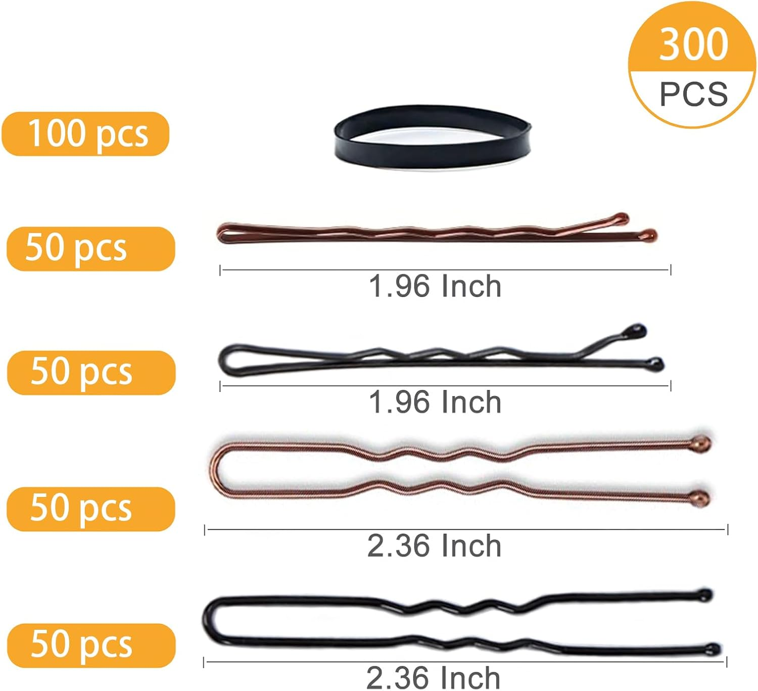 300Pcs Brown Hair Pins Kit,U Shaped Hair Pins with Storage Box Hair Pins,100 Pcs U-Shaped,100 Pcs Bobby Pin and 100 Pcs Hair Rubber Bands,2Inch Hair Pins for Women and Hairdressing Salons image number 1