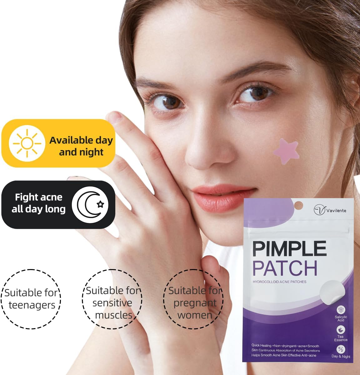 Vavilente Pimple Patches for Face Zit Patch Dots,Hydrocolloid Pimple Patch with Tea Tree Oil Pimple Patches Invisible,Star Pimple Patches,Cute Acne Patch-Day and Night Use(200 Count) image number 6