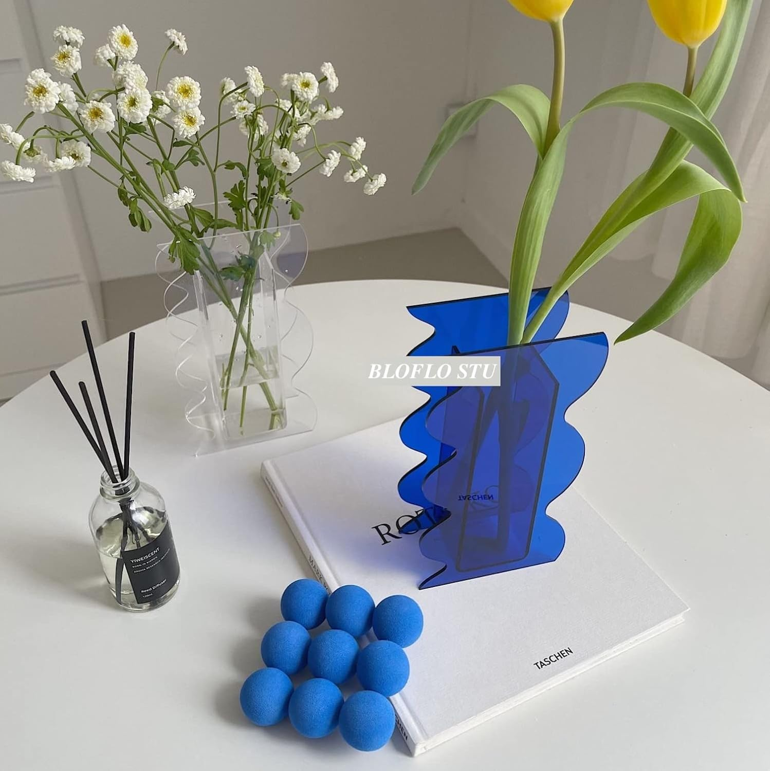 BLOFLO Klein Blue Acrylic Vase, Geometric Acrylic Flower Vase, Tall Wave Shaped Acrylic Vases for Flowers, Modern Flower Vases for Centerpieces, Contemporary D&eacute;cor for Home Office Wedding image number 5