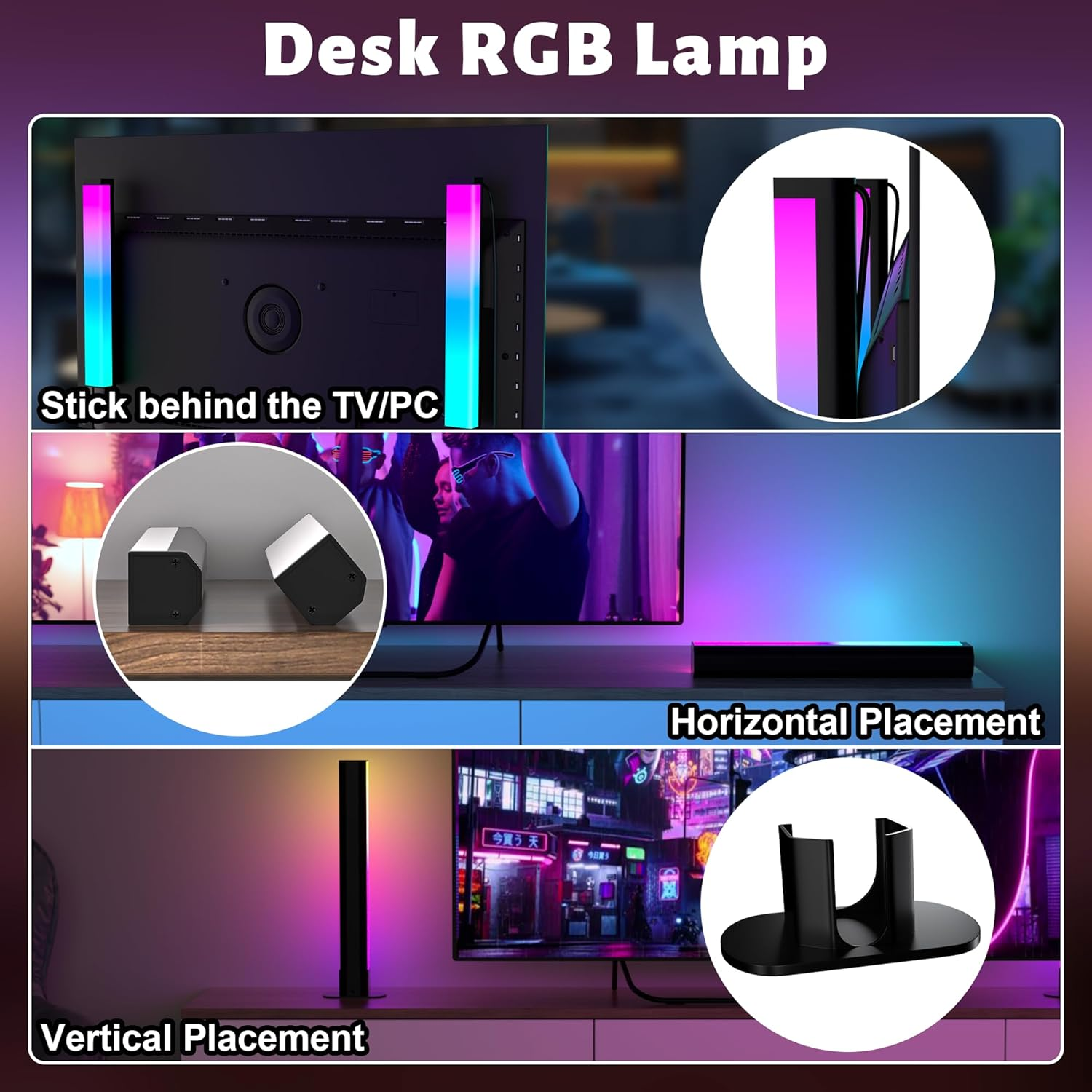 Cozylady LED Light Bars, 11Inch RGB TV Backlight, 2Packs Music Sync LED Lamps 28Cm with Rainbow Multiple Lighting, Dimmable LED Desk Lights for Gaming Movies PC TV Room Decoration Room image number 4