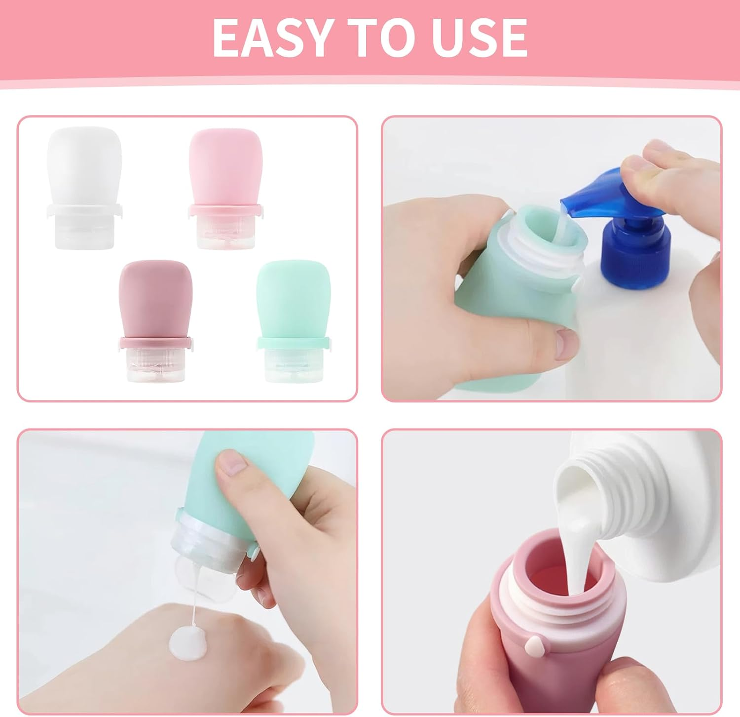 Starfa Lab 4 Pack 1Oz Silicone Travel Bottles Leak Proof Squeeze Bottles for Toiletries Shampoo Conditioner Lotion Salad Dressing Travel Size Containers, Light Pink, Dark Pink, Green, White image number 5