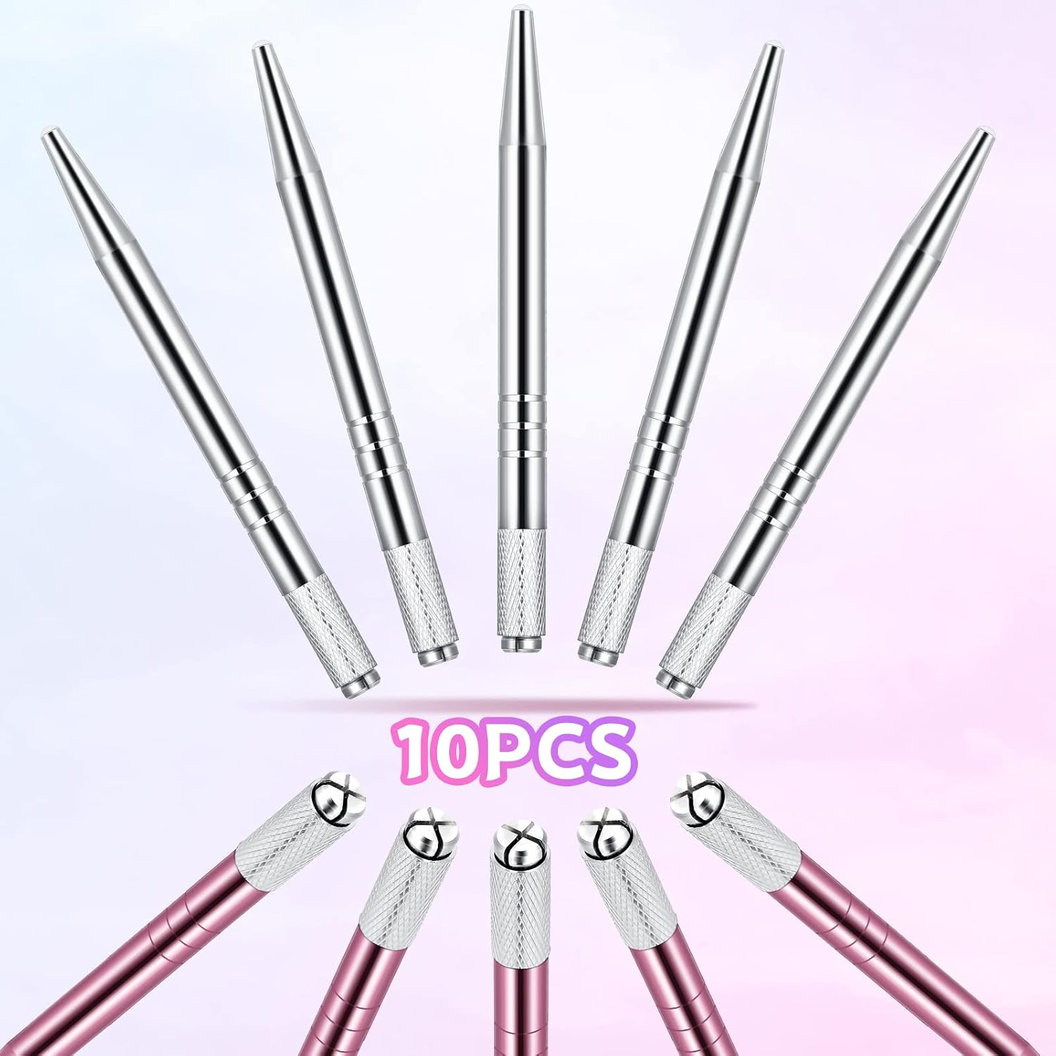 10 Pieces Microblading Pens Manual Eyebrow Microblade Pens Aluminum Hand Tools Light Manual Holder for Makeup Supplies Salons,2 Colors(Silver, Pink)