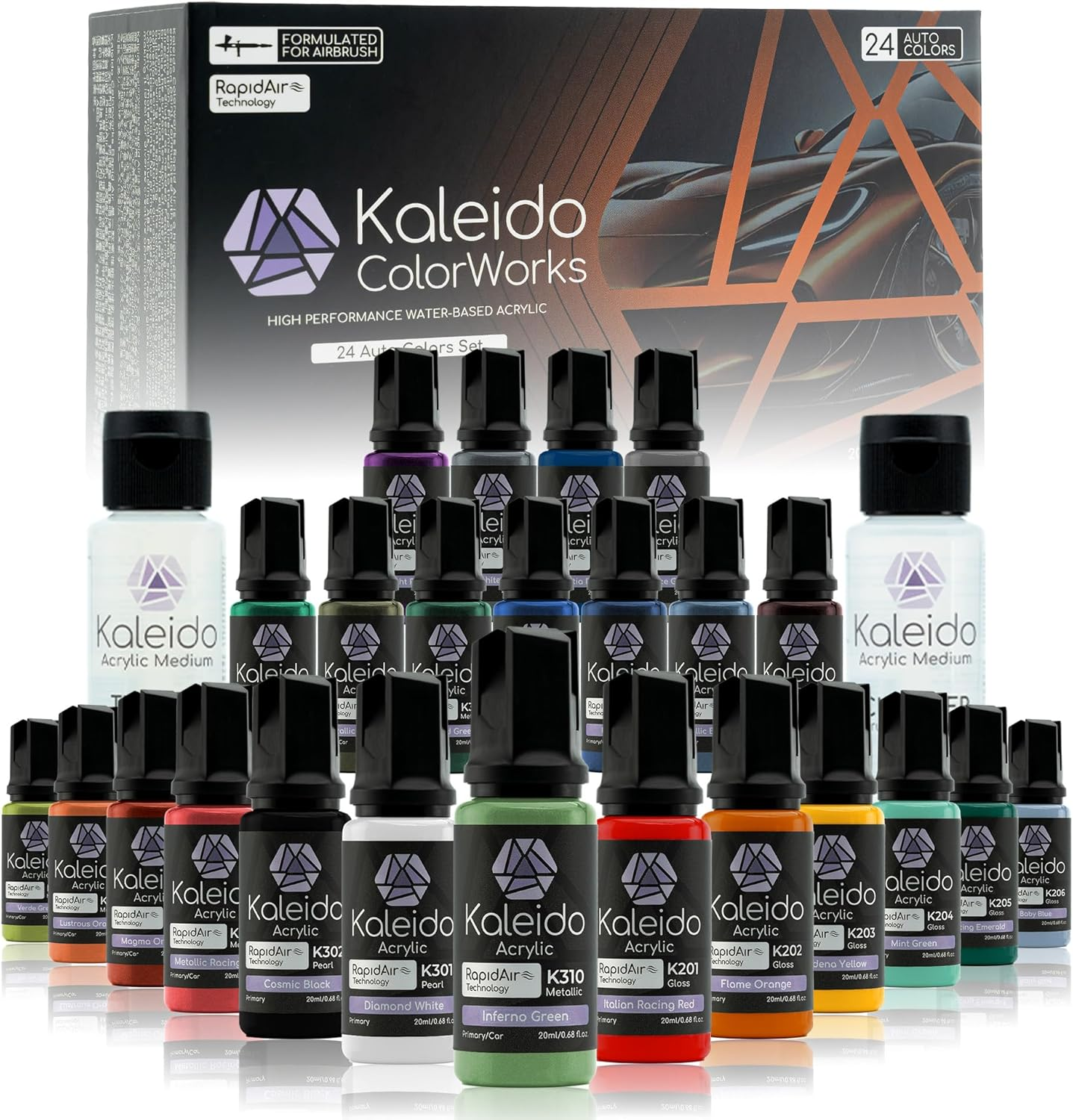 Gaahleri Kaleido Auto 24-Color Set &ndash; Water-Based Acrylic Airbrush Paint Kit for Car Models, Gundam,Mecha,Pre-Thinned, High Gloss, Fast-Drying, with Thinner & Cleaner