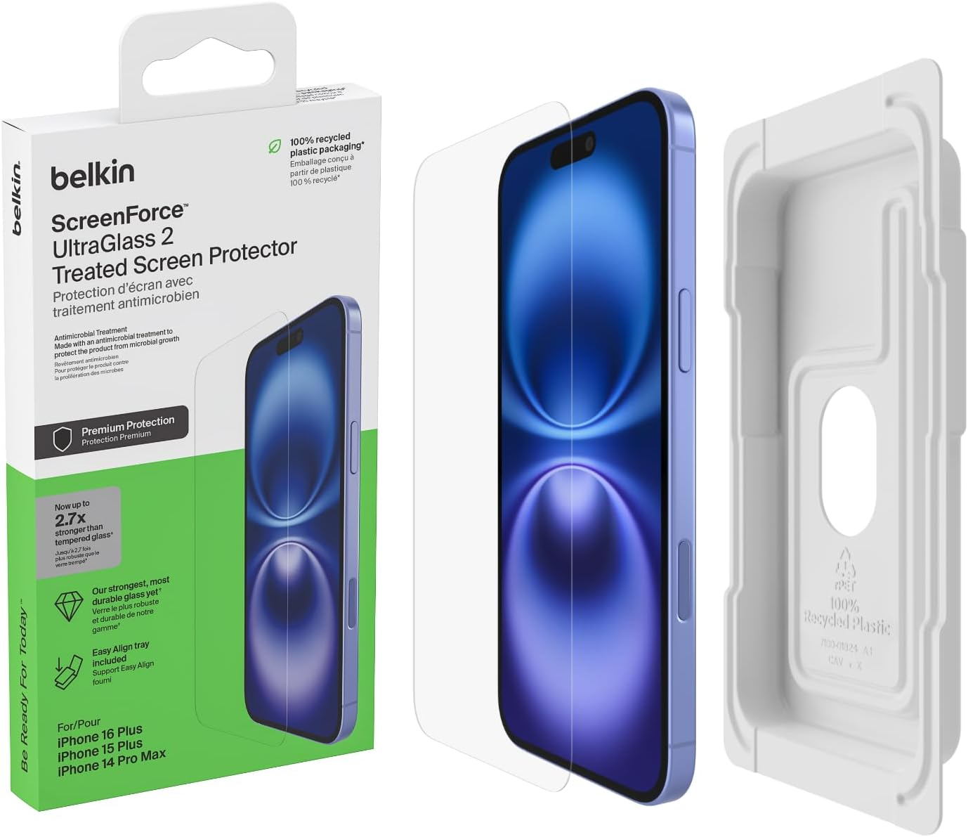 Belkin Ova132Zz Ultraglass 2 Protective Glass Film for Iphone 15 Plus, Ultra Tempered Glass, Made in Germany, SCHOTT, Antibacterial, 0.01 Inch (0.29 Mm), Easy Installation Kit Included image number 1