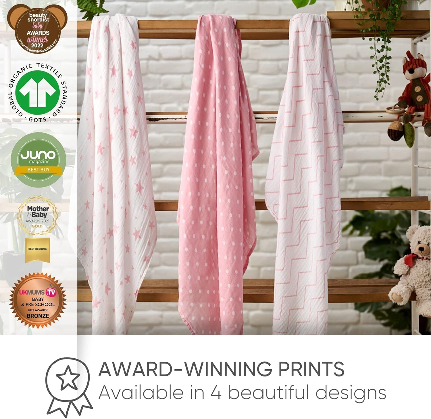 Bloomsbury Mill - Muslin Cloths for Baby - Soft 100% Organic Cotton Muslin Squares - Baby Muslins Pack of 3 - Large Burp Cloths - Newborn Essentials - Pink & White - 70X70Cm - Animal Print image number 4