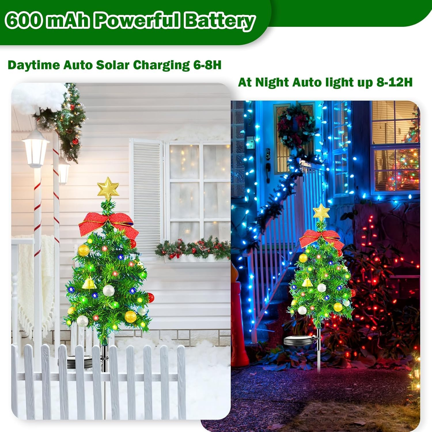 2 Pack Solar Christmas Trees Lights，68Cm Solar Waterproof Christmas Tree with LED Four Color Decorated Prelit Gift Boxes & Ornaments for Pathway Patio Yard Garden image number 4