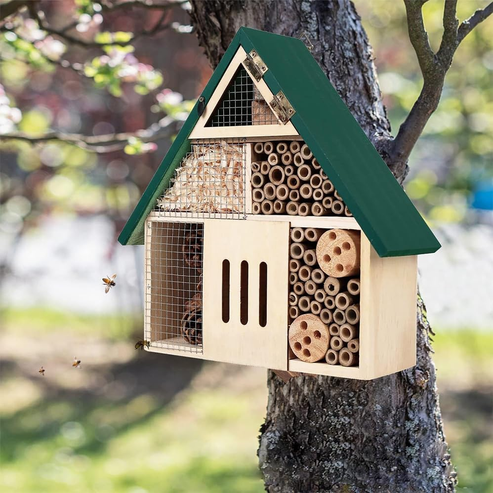 Bee House Wooden Hanging Garden Decoration, Natural Wooden Bee Hotel for Outdoors, DIY Insect Shelter for Garden, Yard, or Balcony &ndash; Attracts Pollinators like Bees, Butterflies & Ladybugs