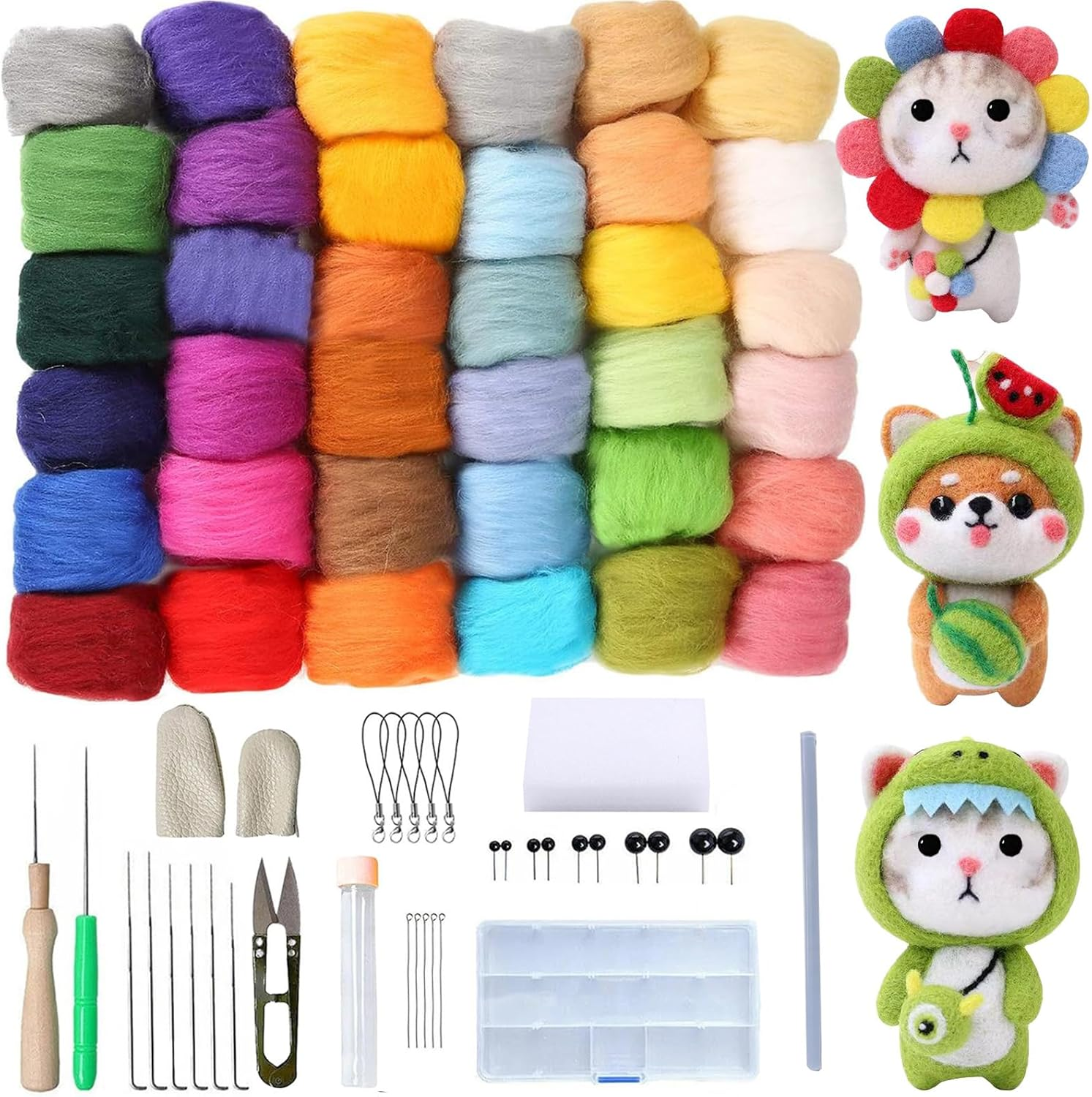 YELINTIAN Needle Felting Starter Kit,36 Colors Fibre Wool Yarn Roving for Needles Felt Tool Includes Keychain, Felted Foam Mat, and Other Tools for Animal Doll Beginner Supplies image number 6