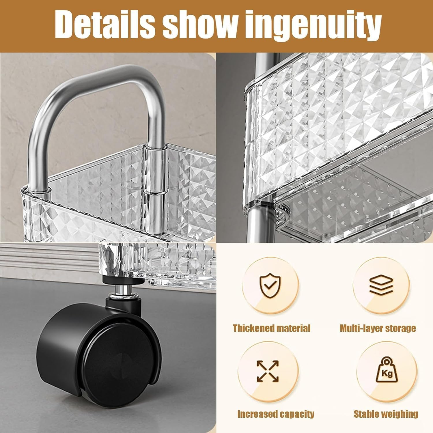 4 Tier Trolley, Metal Utility Cart,Storage Rolling Cart, Clear Bathroom Organizer,Plastic Tiered Shelf with Wheels, Versatile Storage Rack for Bathroom, Kitchen, Space-Saving Design （Clear） image number 6