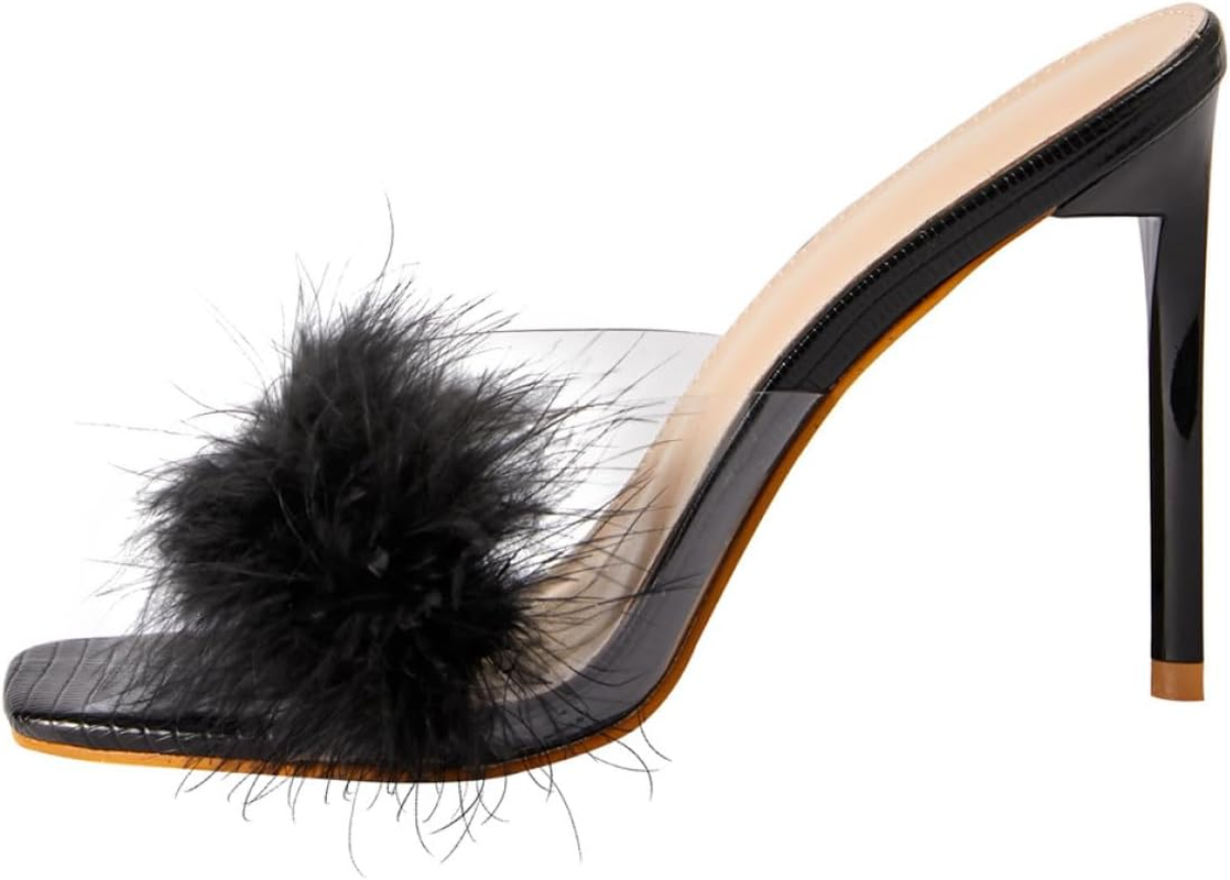 PLAFOPE Charming Square Toe Thin Heel Sandals for Women Summer Fluffy Decor Lightweight Fashionable Stylish High Heels Black