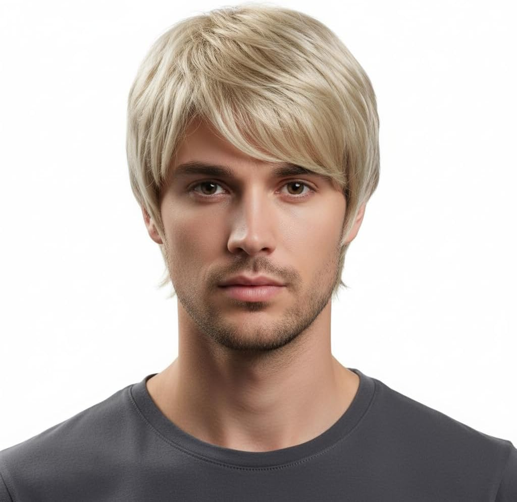 Men'S Short Blonde Wig Heat Resistant Synthetic Hair for Daily Use, Natural Looking & Comfortable Fit - Damaill