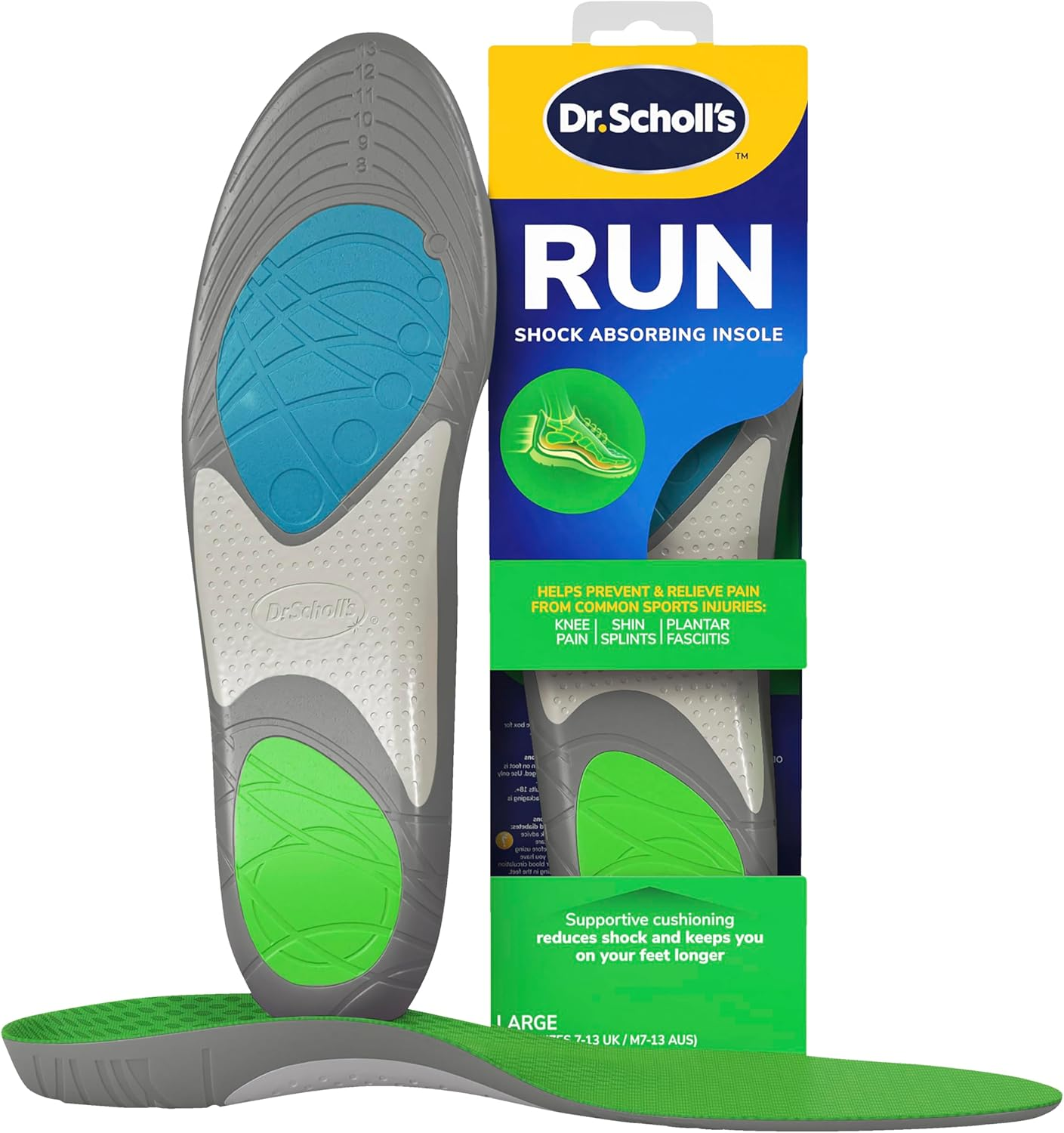 Dr. Scholl'S Run Shock Absorbing Insoles | Helps Prevent and Relieve Knee Pain, Shin Splints and Plantar Fasciitis | Designed for Runners, Arch Support Insoles for Running & Jogging | 1 Pair (Large) image number 1
