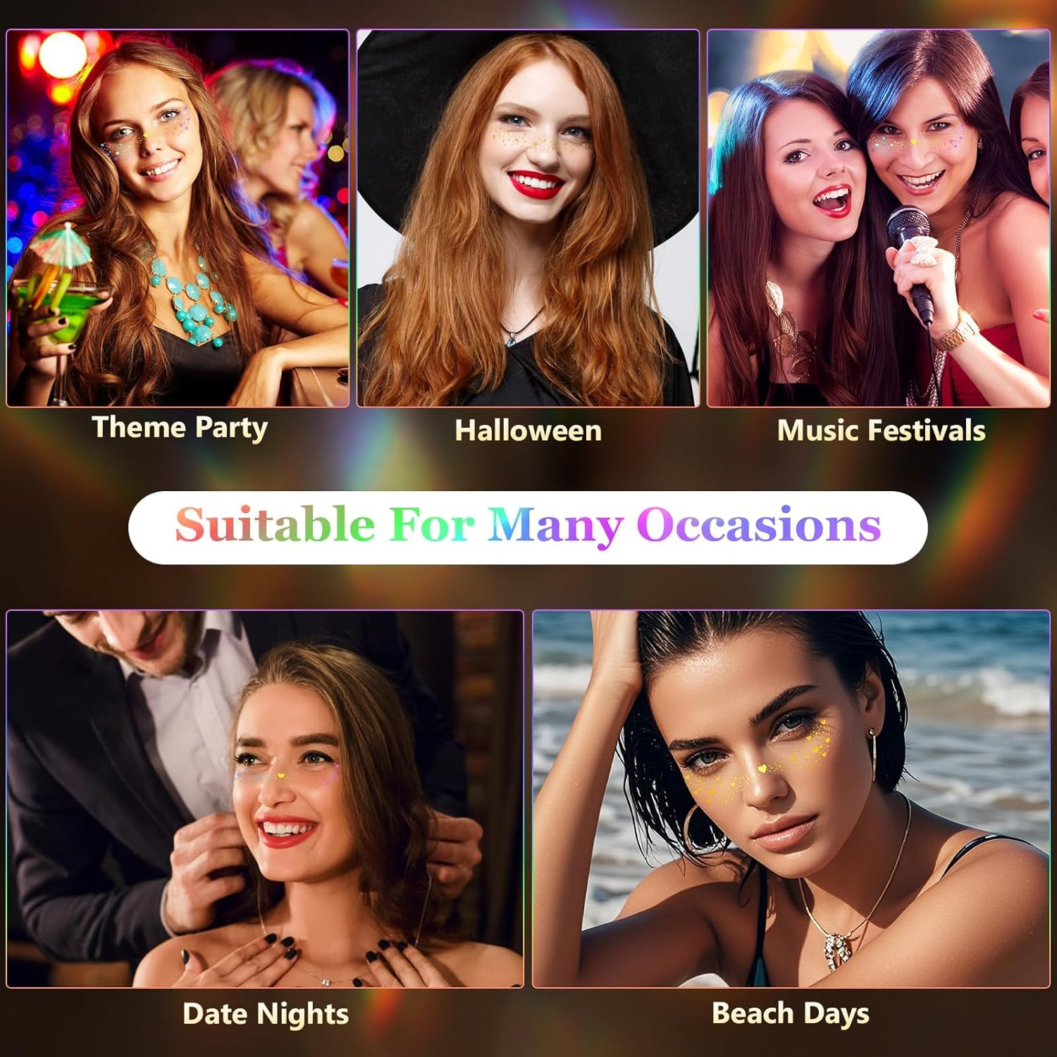 12Pcs Face Glitter Freckles, Face Glitter Fake Freckles Sticker, Gold Sliver Holographic Multichrome Waterproof Sparkle Freckles Makeup Patches for Women Rave Festival Accessories Party Prom image number 4