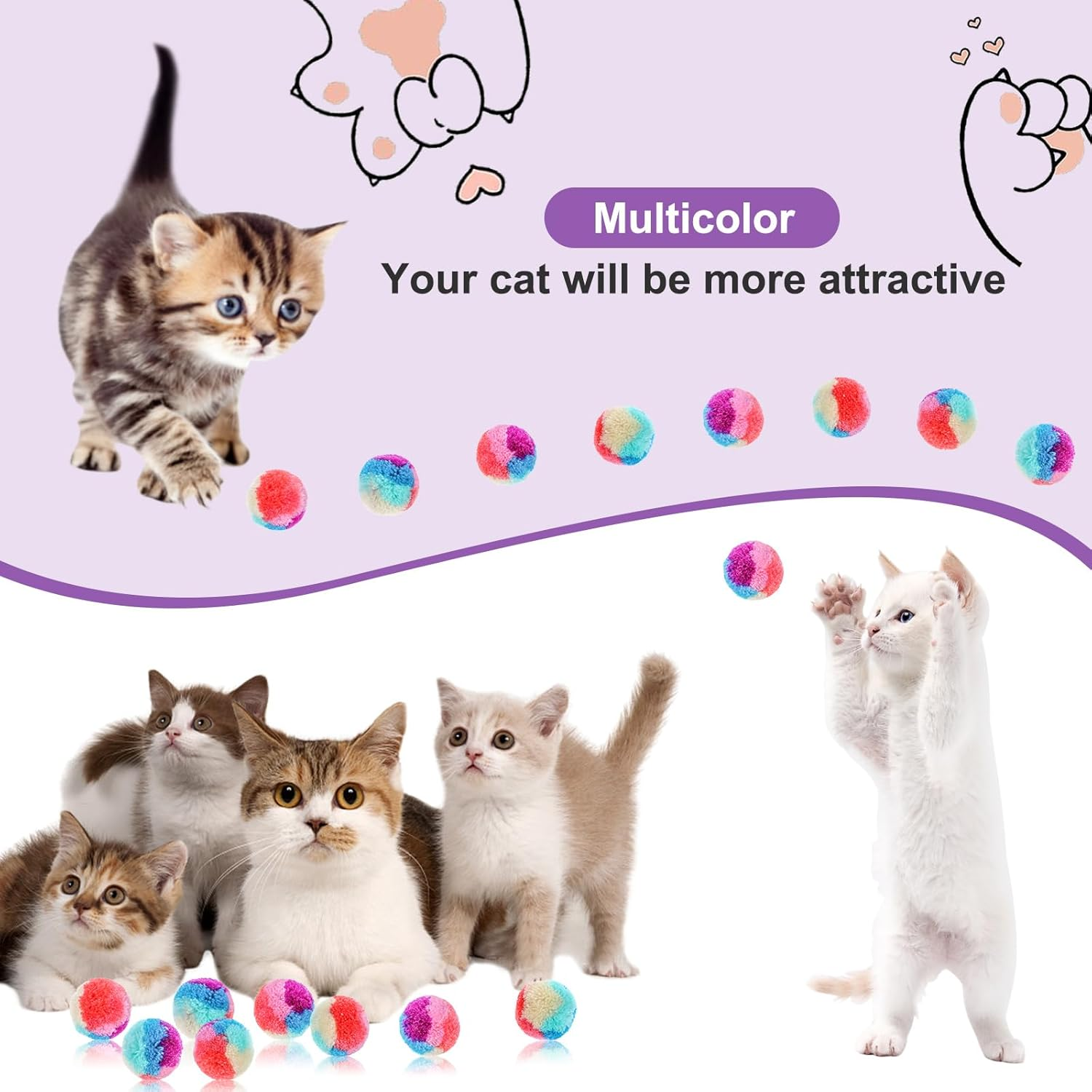 30PCS Cat Toys Balls 1.2'' Pom Pom Balls, Interactive Christmas Yarn Puff Cat Ball Pet Toys, Rainbow Small Plush Kitty Soft Balls, Training Fuzzy Cat Balls for Exercise and Entertainment, Multicolor image number 6