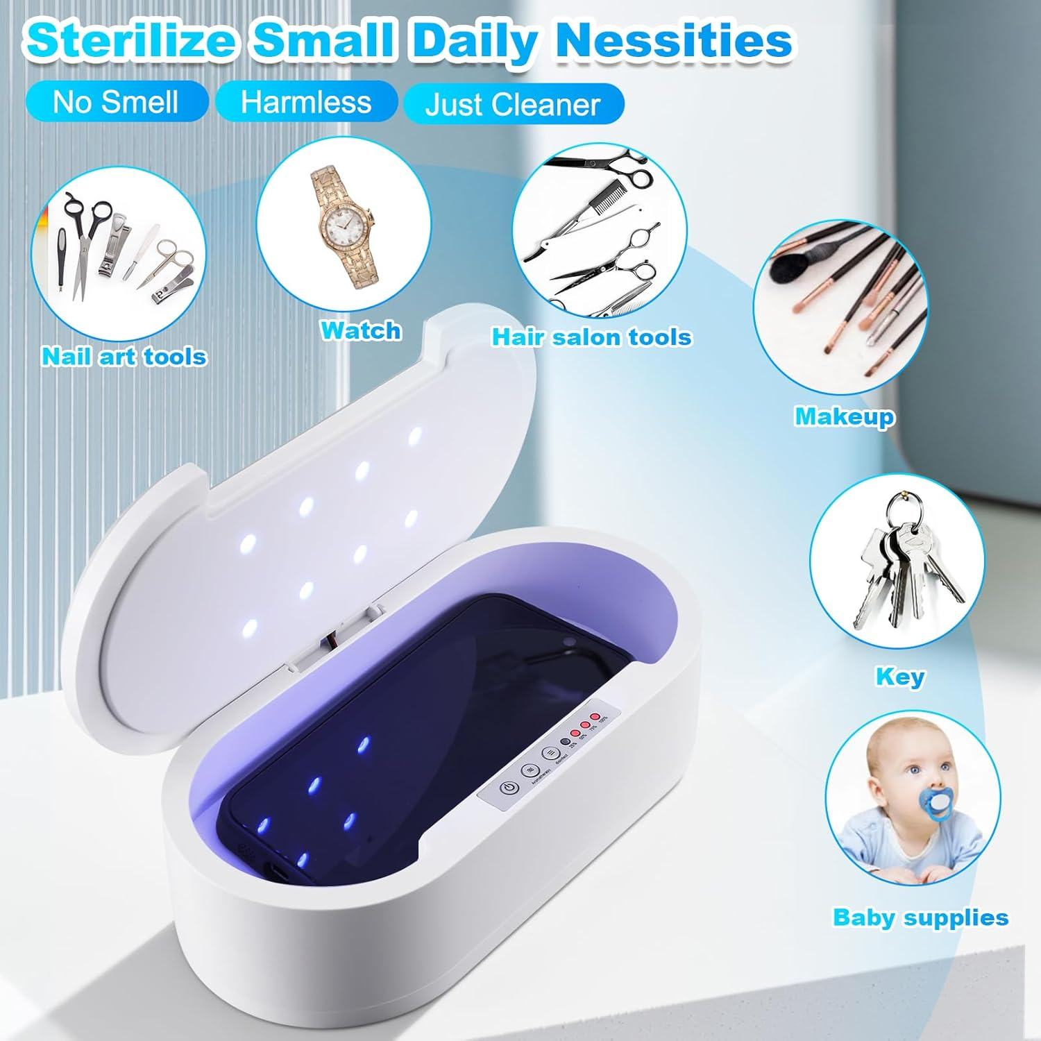 Wbuosz Portable Tool Sterilizer Box Usb,Blue Light Cleaning Sterilizating Box for Manicure Salon,Tweezers,Tattoo,Scissors,Jewelry,Phone, Watch,Keys image number 1