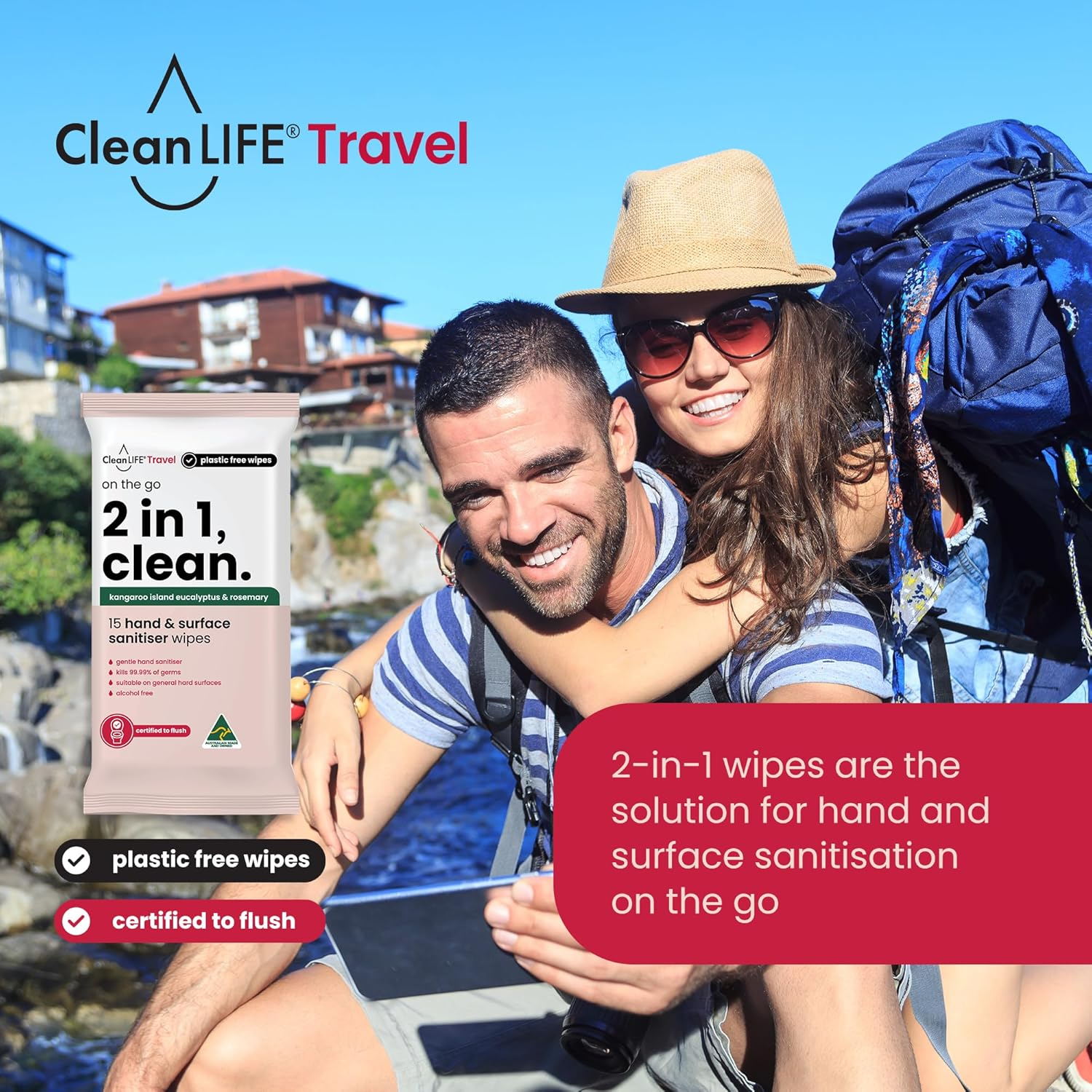 Cleanlife 2-In-1 Hand & Surface Sanitising Wipes &ndash; Disinfecting Antibacterial Cleaning, Alcohol-Free, Plant-Based, Flushable, Kills 99.99% of Germs, 15 Wipes Pack image number 3