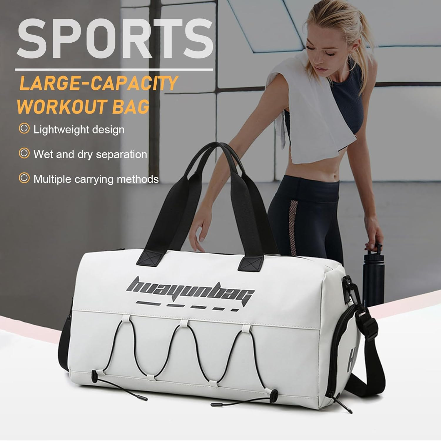 Gym Bag for Men Women, Sports Travel Duffel Bag with Shoe Compartment and Wet Porcket, Weekender Travel Bag Overnight Bag, Multi-Functional Sports Gym Bags for Gym, Sports, Travel, Yoga (Off-White) image number 3