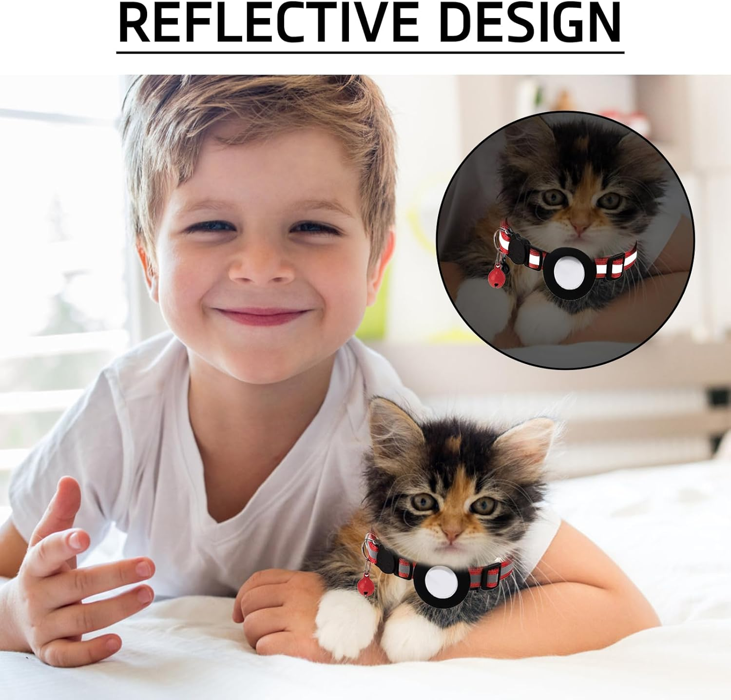 Cat Collar with Holder and Bell, Reflective, Compatible with Cat Tracker, Cat Collar with Safety Buckle, Adjustable Size, Nylon Strap, Comfortable GPS Not Included (Set B) image number 1