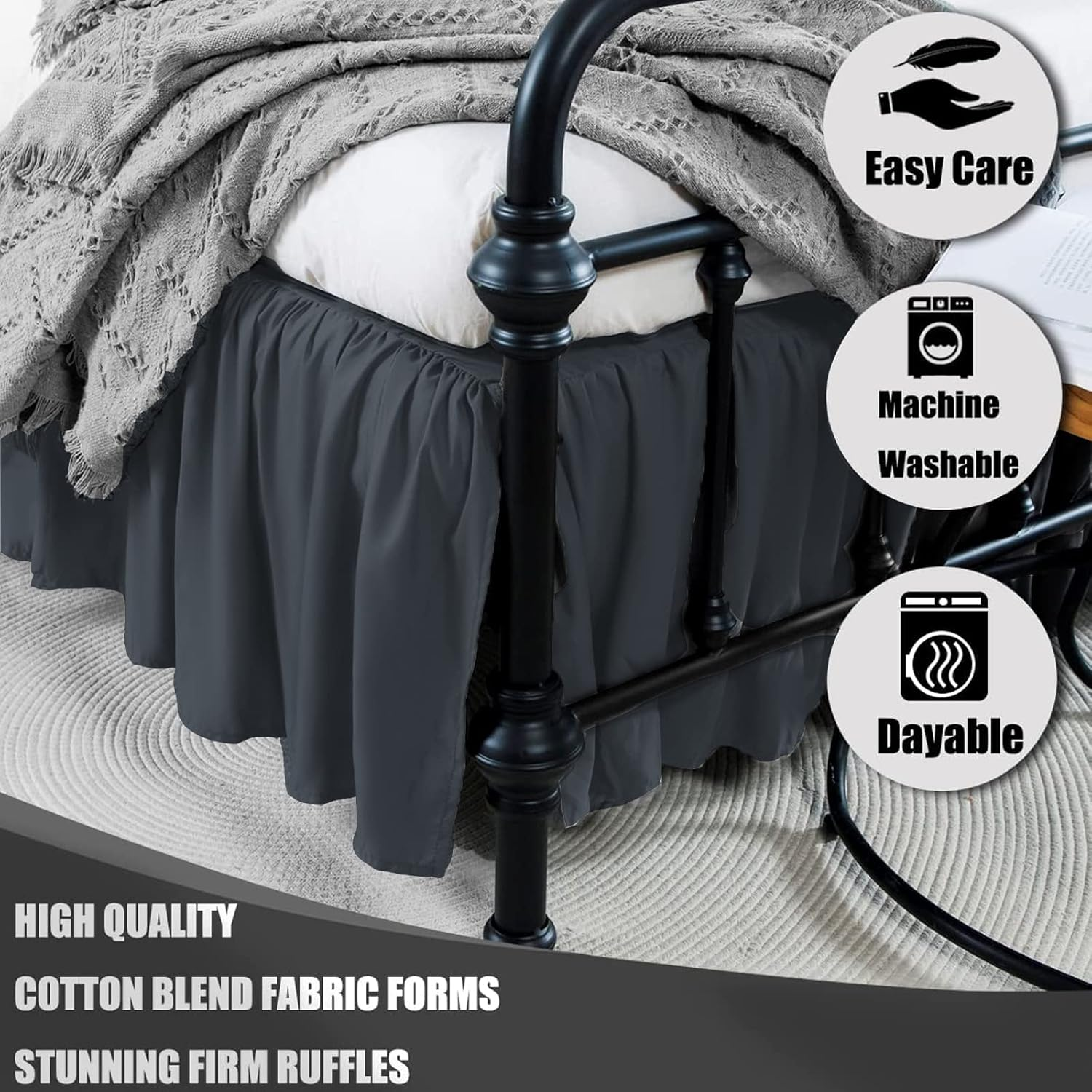 Black Bed Skirt Queen Size Ruffled Bed Skirt with Split Corners, Queen Bed Skirt 12 Inch Drop, TSUTOMI Queen Size Bed Skirt Black for Ruffled Bed Skirt with Split Corners, Bed Skirt Queen Size image number 7
