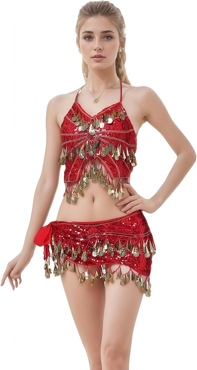 Belly Dance Hip Scarf with Crop Top Set, Sequined Fringe Skirt & Glittering Bra Tops for Performances, Parties, Festivals