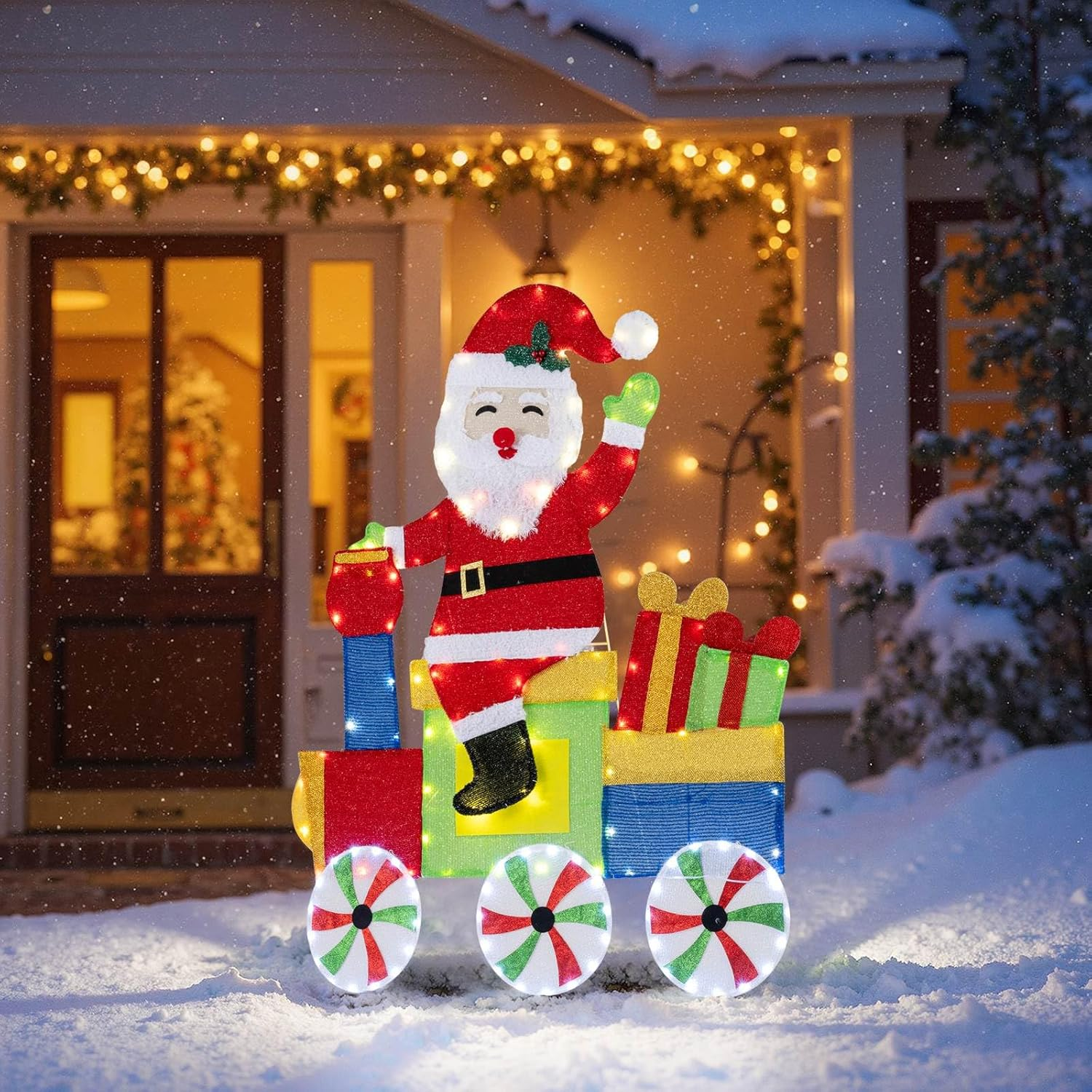 Costway Lighted Santa on Train Christmas Decoration, Indoor Outdoor 2D Santa Claus with LED Lights, Gift Boxes and Ground Stakes, Xmas Holiday Decoration for Home Lawn Yard Garden, Plug In image number 3