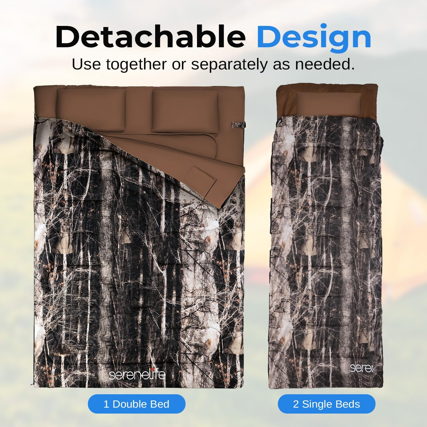Backpacking Sleeping Bag Camping Gear - Double Sleeping Bag for Adults/Teens W/ 2 Pillows, Bag - Outdoor Lightweight Weather Proof Sleeping Bags - Camping, Hiking - Serenelife - Camouflage image number 5