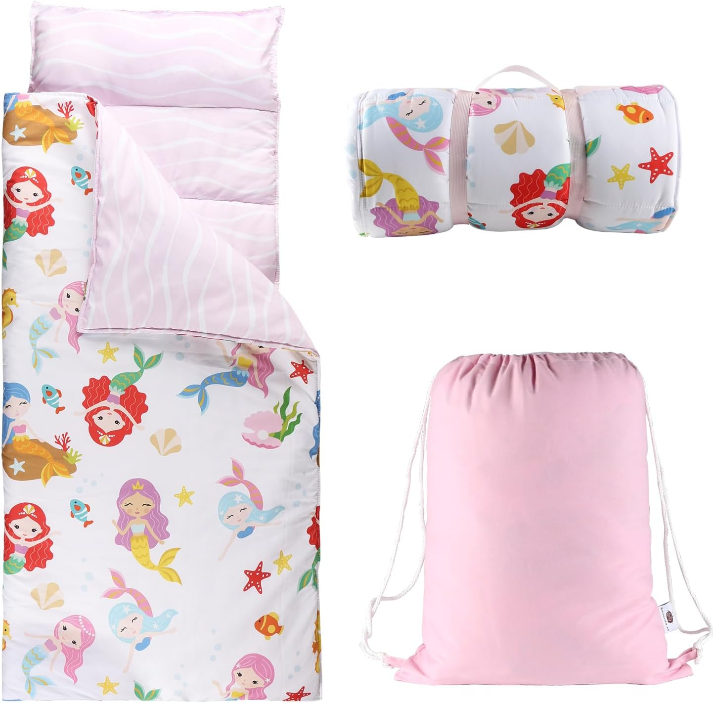 Nap Mat with Removable Pillow and Soft Blanket, Lightweight Daycare Preschool Kindergarten Sleeping Bag, Travel Slumber for Kids Girls Boys