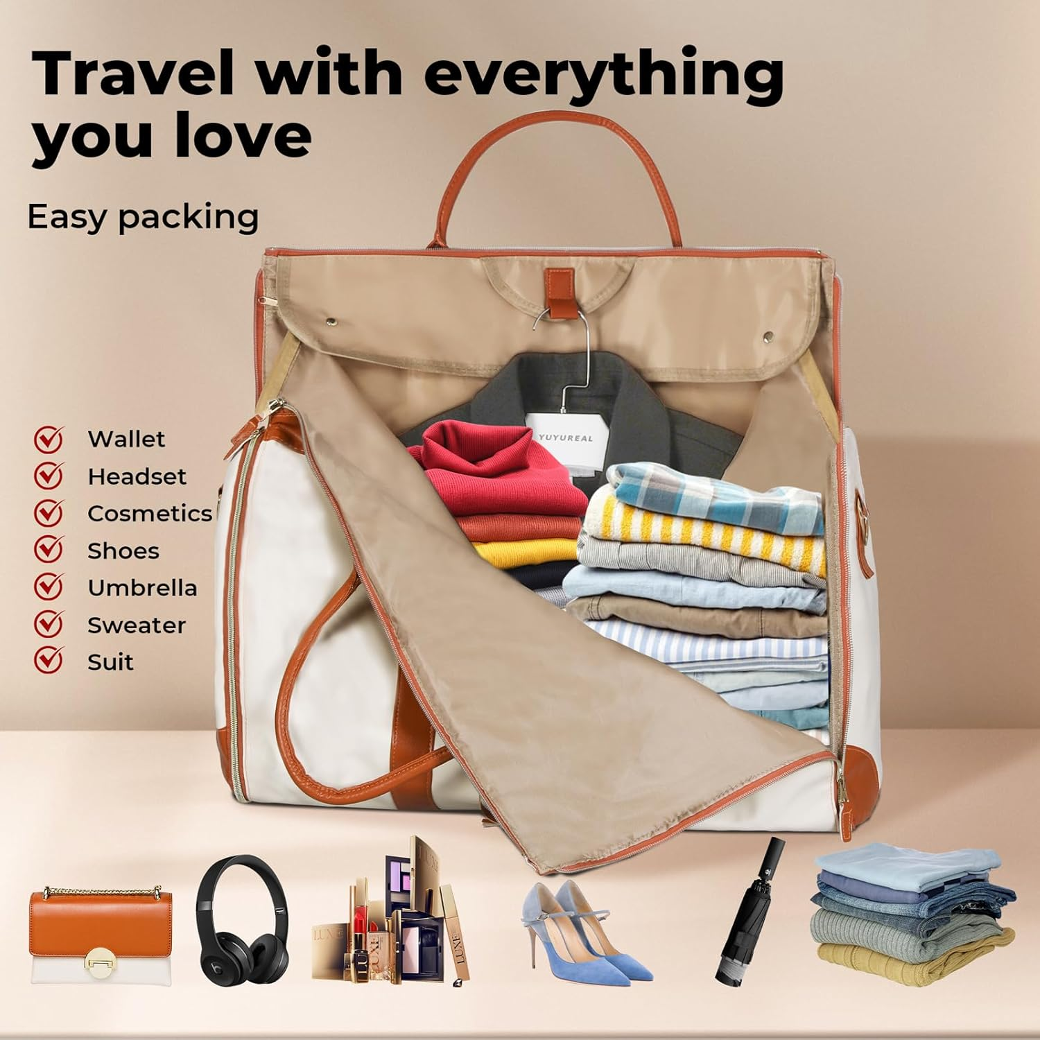 Slimbridge Carry on Garment Bag, Business Travel Bags, 2 in 1 Hanging Suitcase Suit Convertible Travel Duffel Bags, Large PU Leather Weekender Bag for Men Women, with Shoulder Strap and Shoe Bag, - Black image number 3