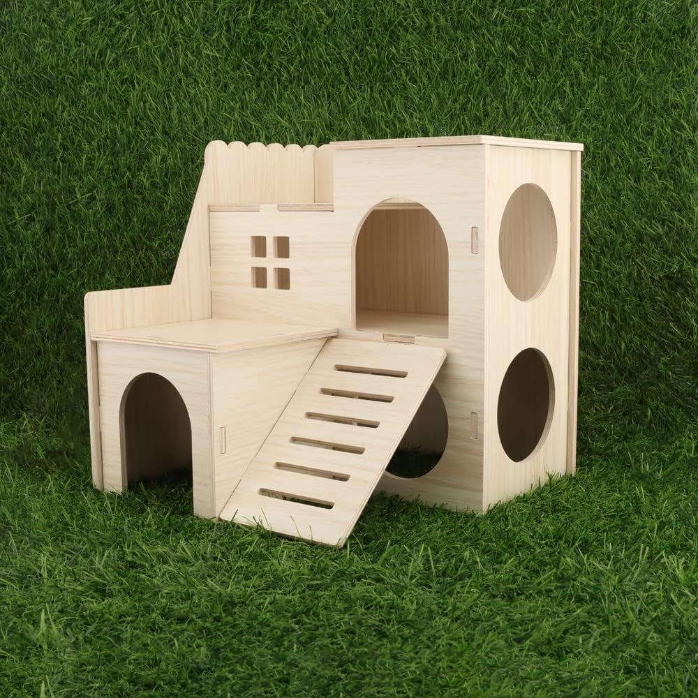 Kcrygogo Hamster Maze Wood House Fun Slide House Double-Decker Hut Chew Toys for Dwarf Gerbil Mouse Mice Rat Small Animals image number 4