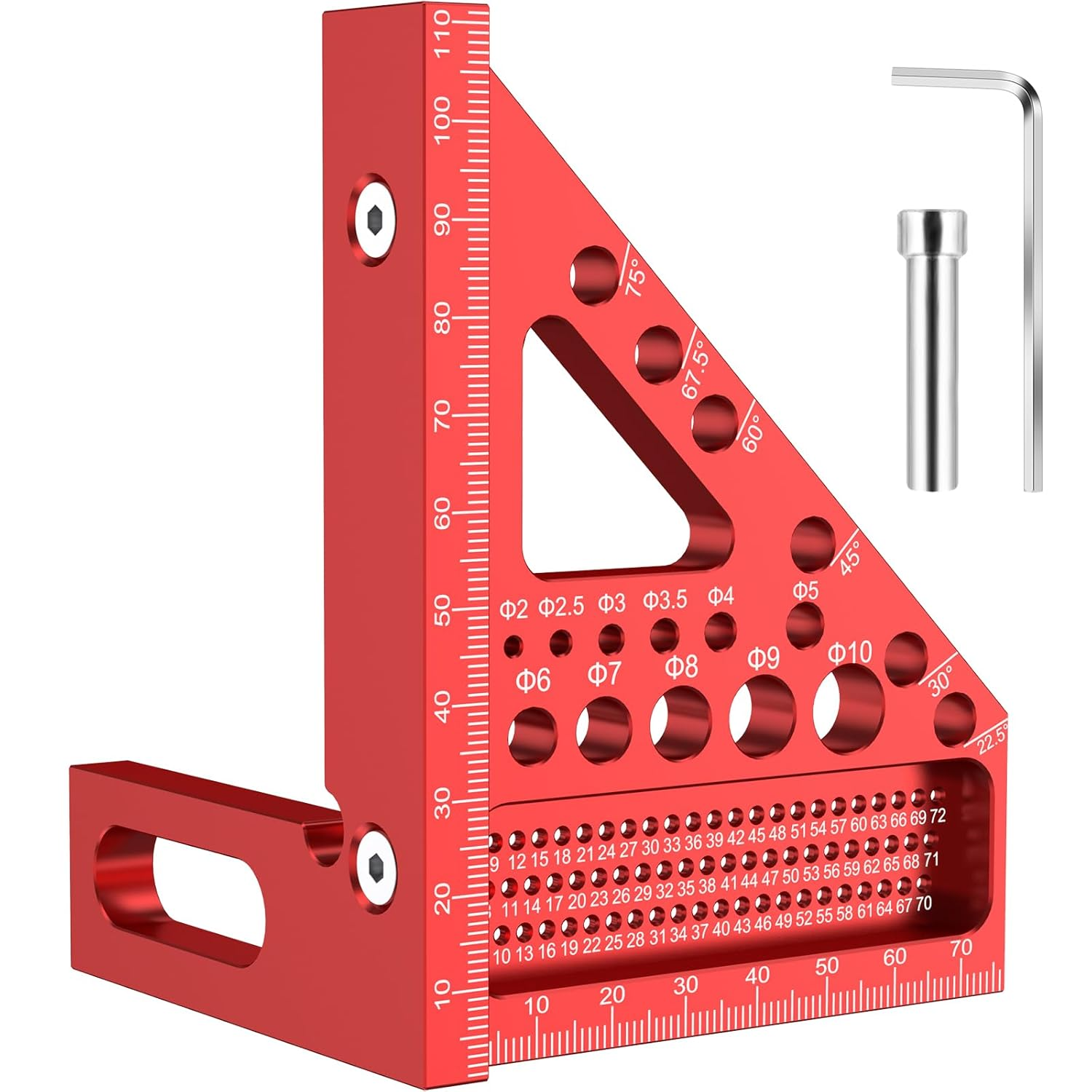 Metric 3D Multi-Angle Measuring Ruler, 22.5&deg;-90&deg; Degree Aluminum Alloy Woodworking Square Protractor, Miter Triangle Ruler High Precision Layout Measuring Tool for Engineer Carpenter (Red)