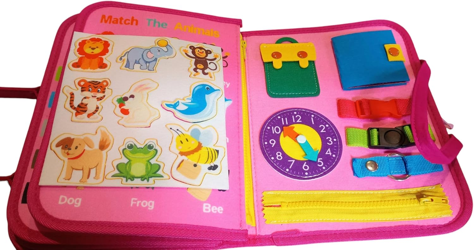Busy Board - 8 in 1 Preschool Eary Learning Educational Travel Toys with Life Skill, Alphabet, Number, Shape, Color, Animal and Weather - Gifts for Toddlers Quiet Book, Montessori Learning (Pink) - Ink Blue image number 6