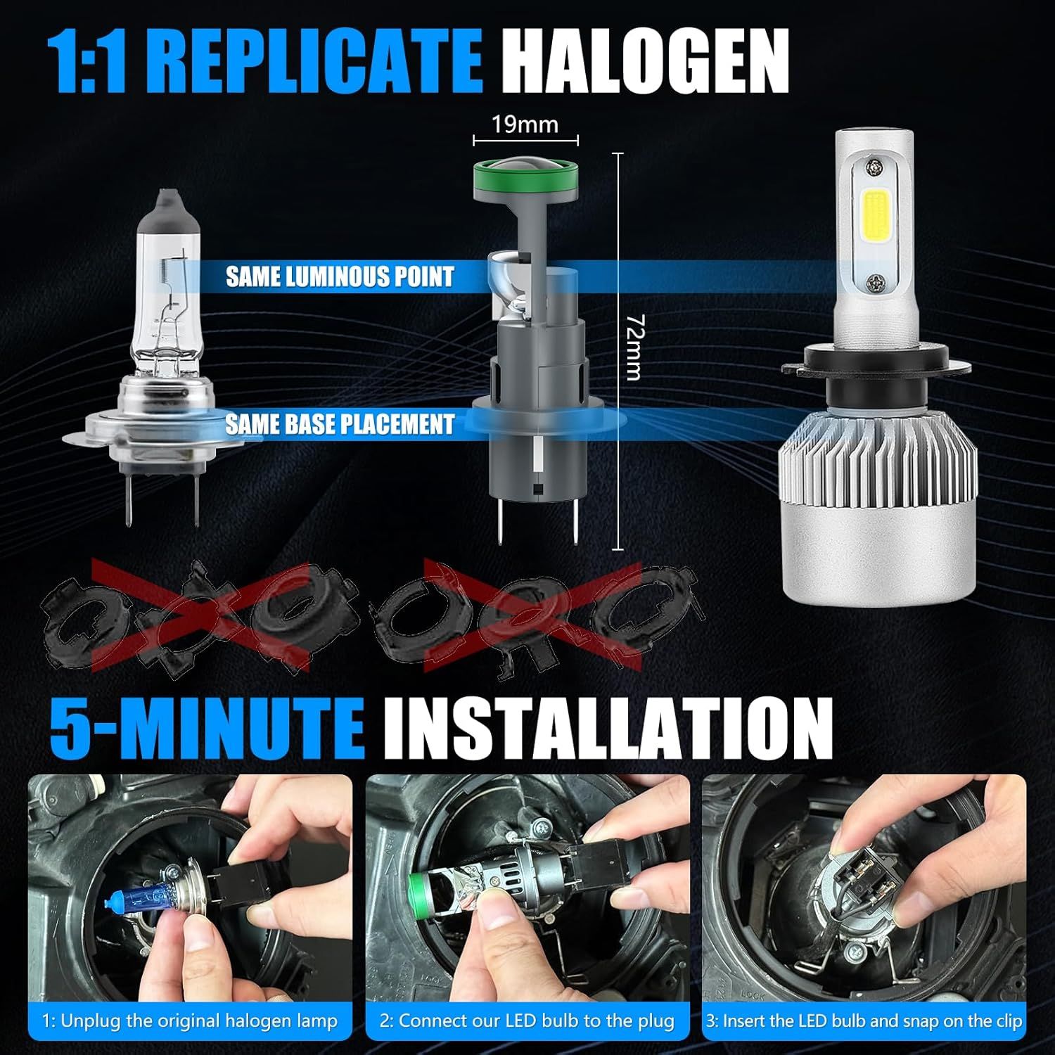 Kaidengzhe H7 LED Headlight Bulb 800% Brighter H7 LED Bulb with Mini Projector Lens Solve Astigmatism Problem, 12V 80W 21000LM 6500K 1:1 Size Hi/Lo Beam Headlight Bulbs with Cooling Fan, 2 PCS image number 3
