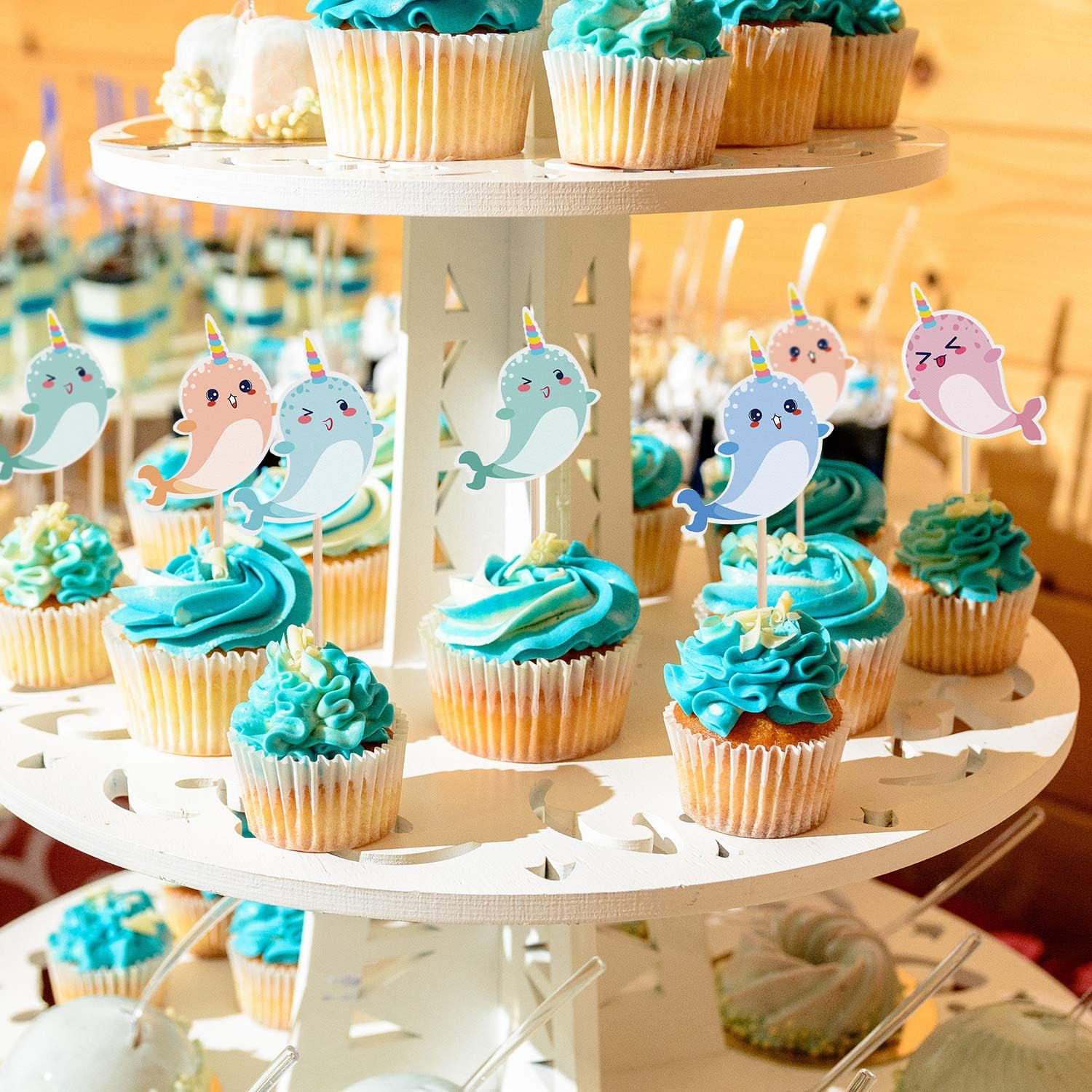 48 Pcs Narwhal Cake Toppers Narwhal Cupcake Toppers Ocean Birthday Party Decorations Supplies under the Sea Blue Ocean Themed Party Baby Shower Birthday Supplies image number 5