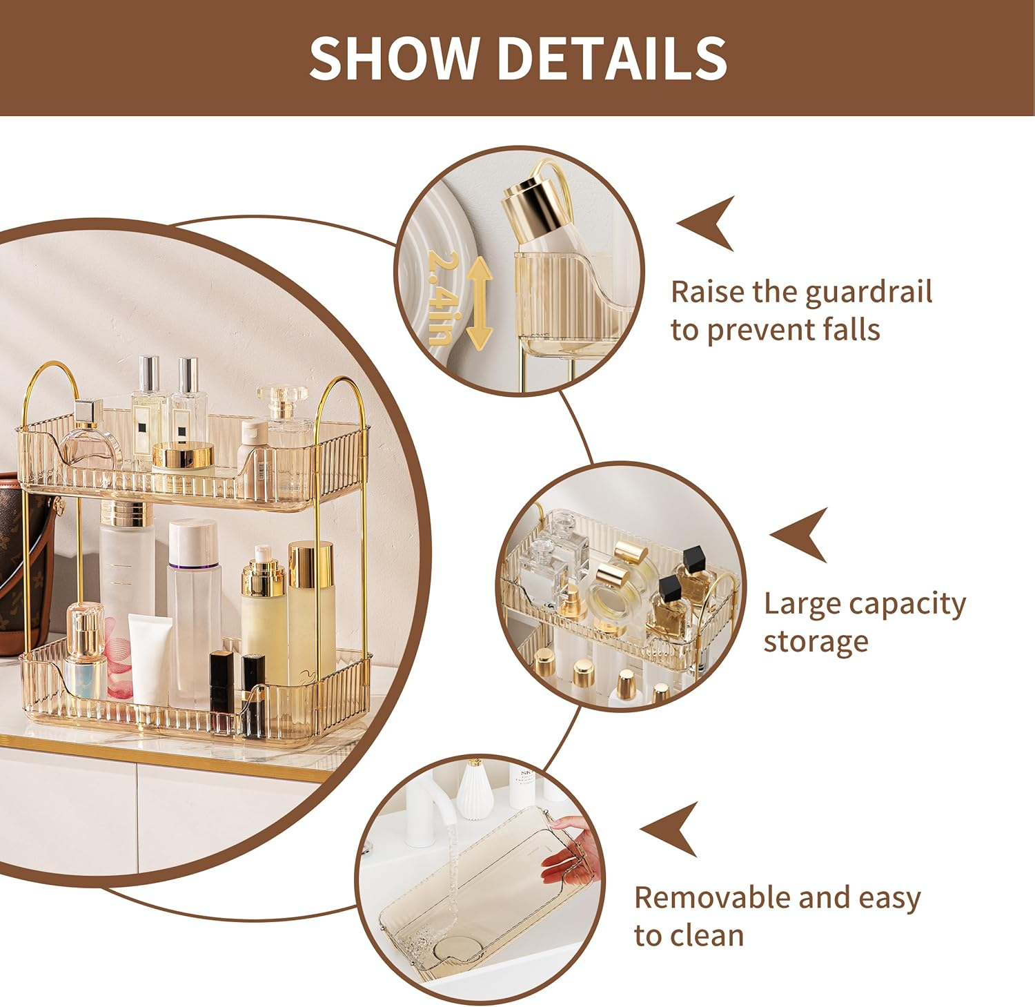 Ycia&Done Bathroom Organizer Countertop, Makeup Storage, Skincare Cosmetic Tray Shelf, Perfume Holder Rack for Vanity Counter, Large Capacity, Easy to Install, Clean, 2 Tiers, Amber Gold image number 2
